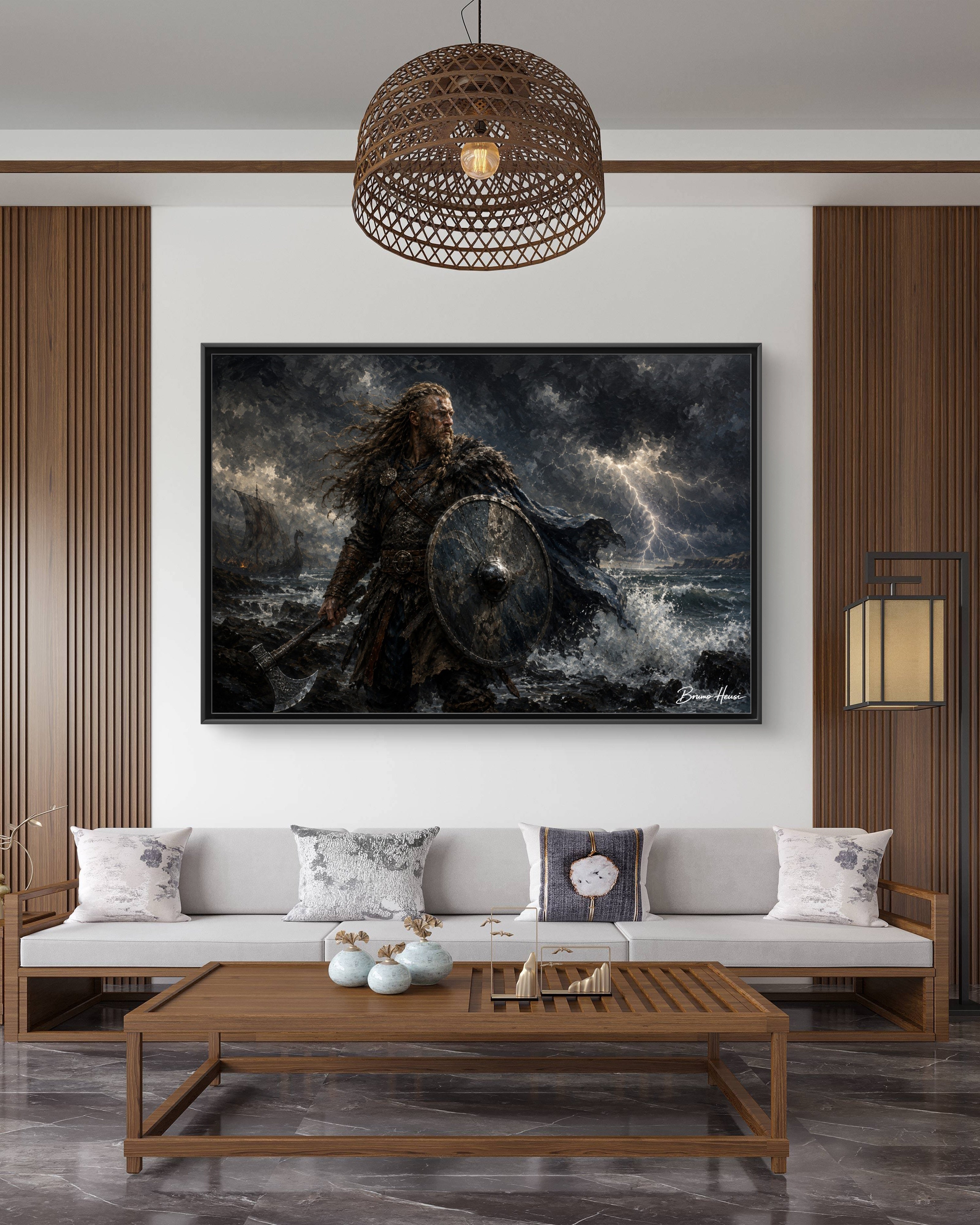 Viking Warrior Matte Framed Canvas Print — Stormy Norse Shield and Axe Wall Art