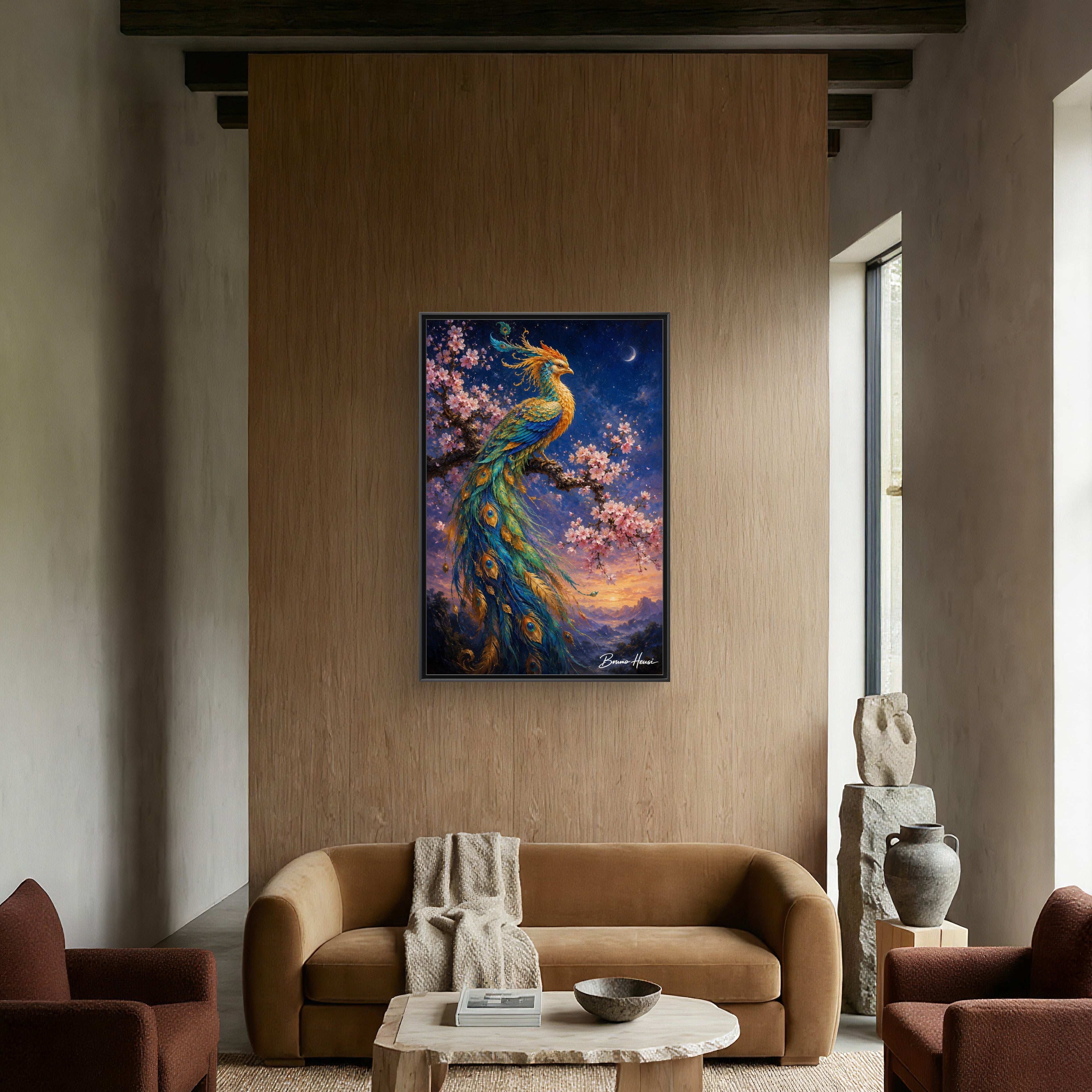Framed Peacock Canvas Wall Art — Vibrant Fantasy Bird Print