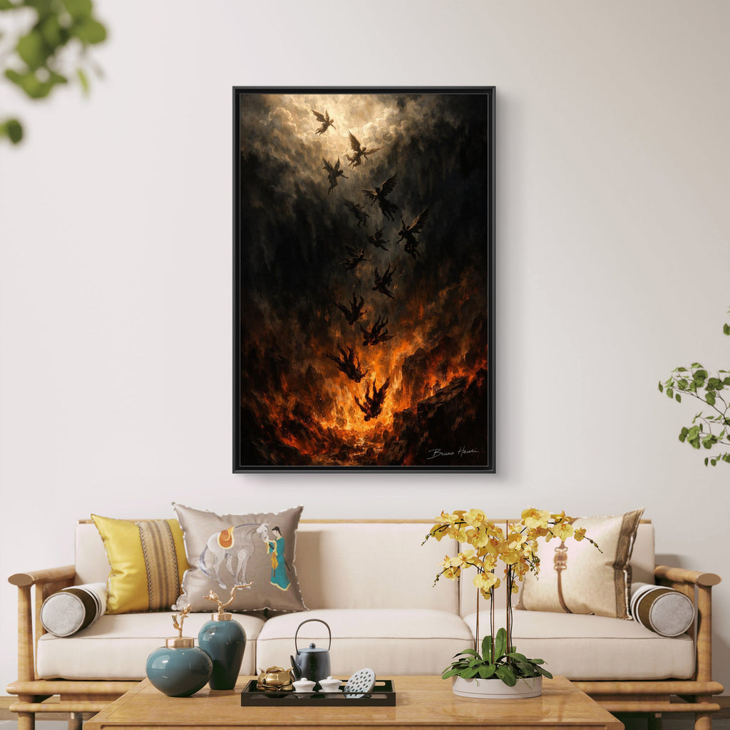 Falling Angels Matte Framed Canvas Print — Dark Fantasy Wall Art