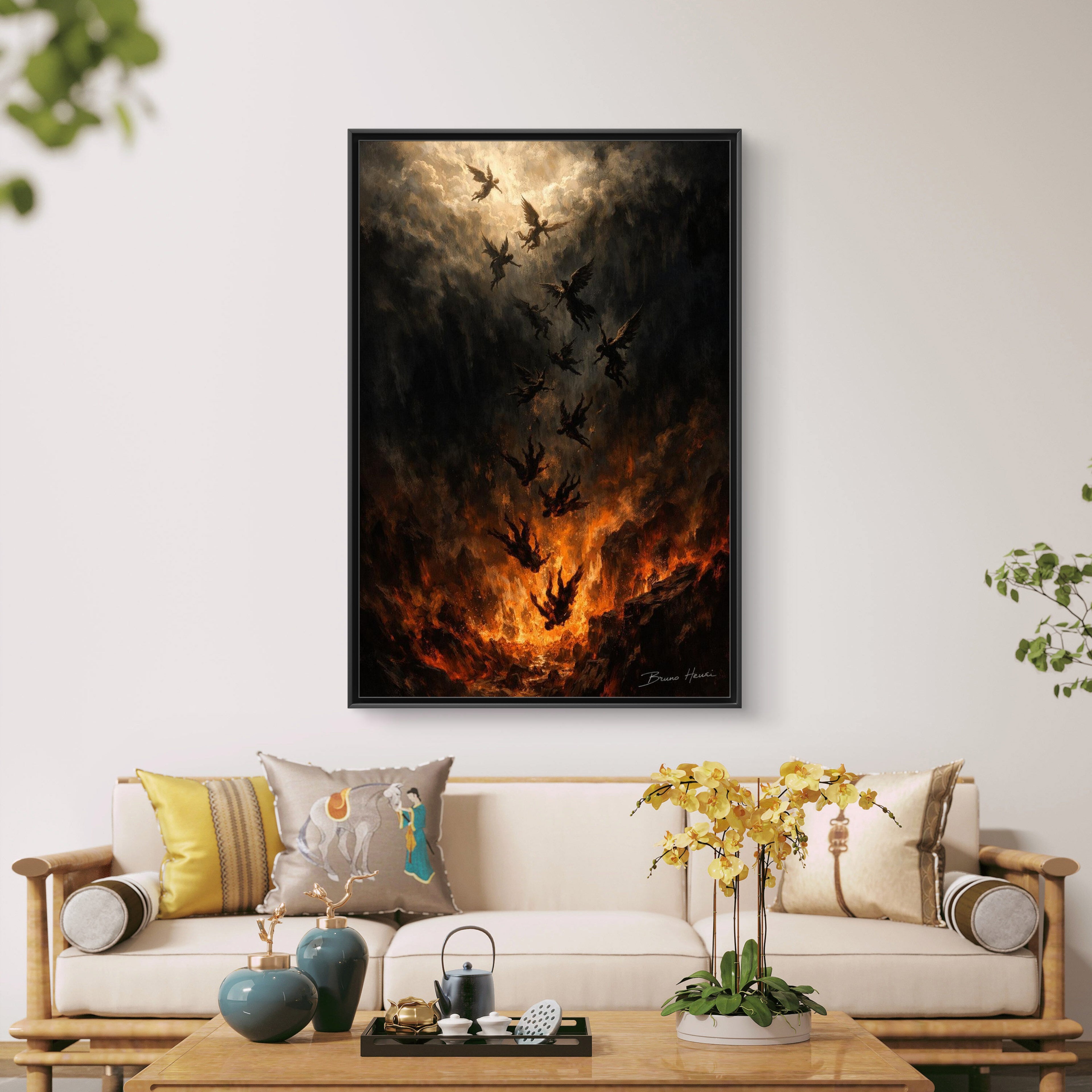 Falling Angels Matte Framed Canvas Print — Dark Fantasy Wall Art