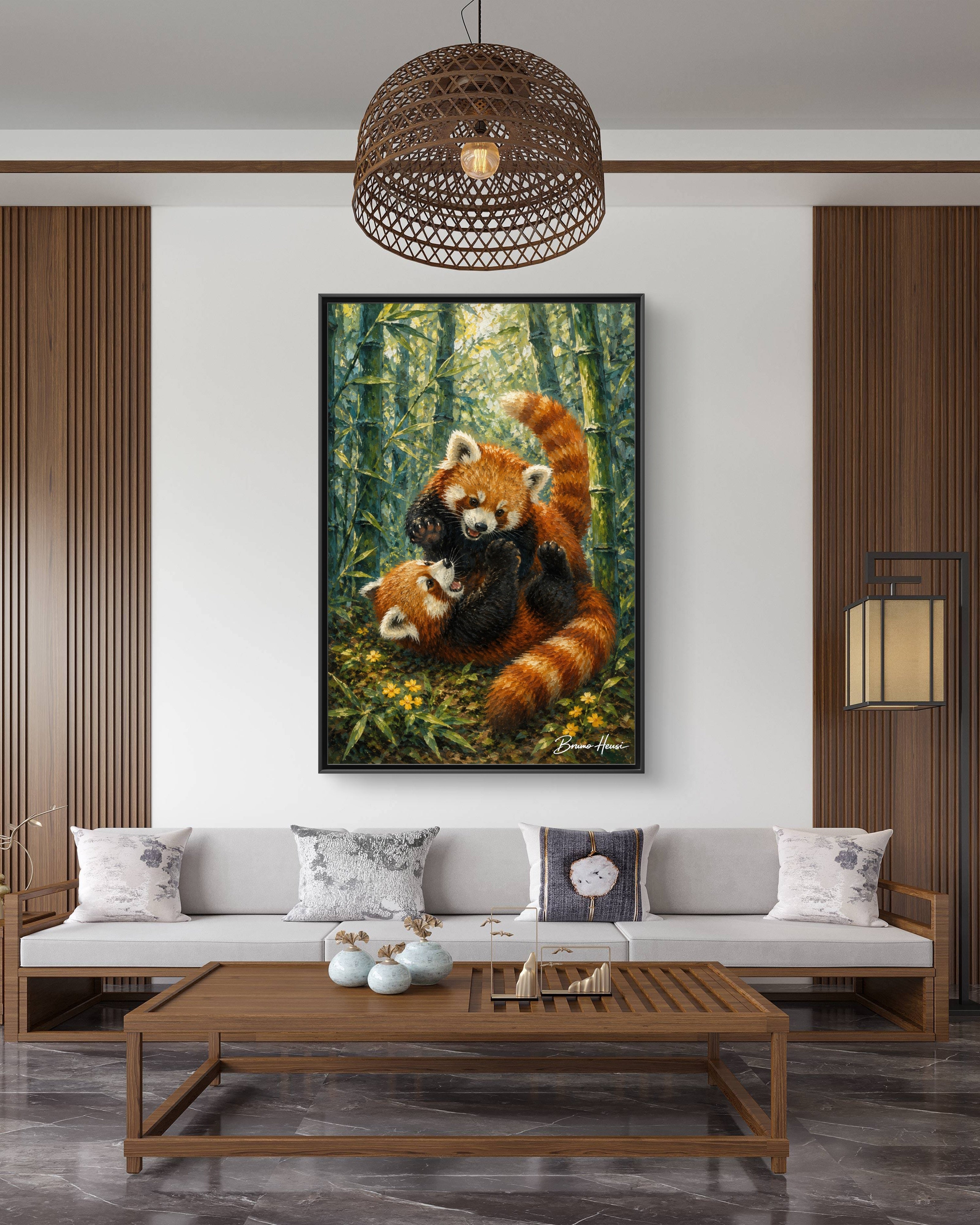 Red Panda Playtime Framed Canvas Wall Art — Playful Wildlife Print