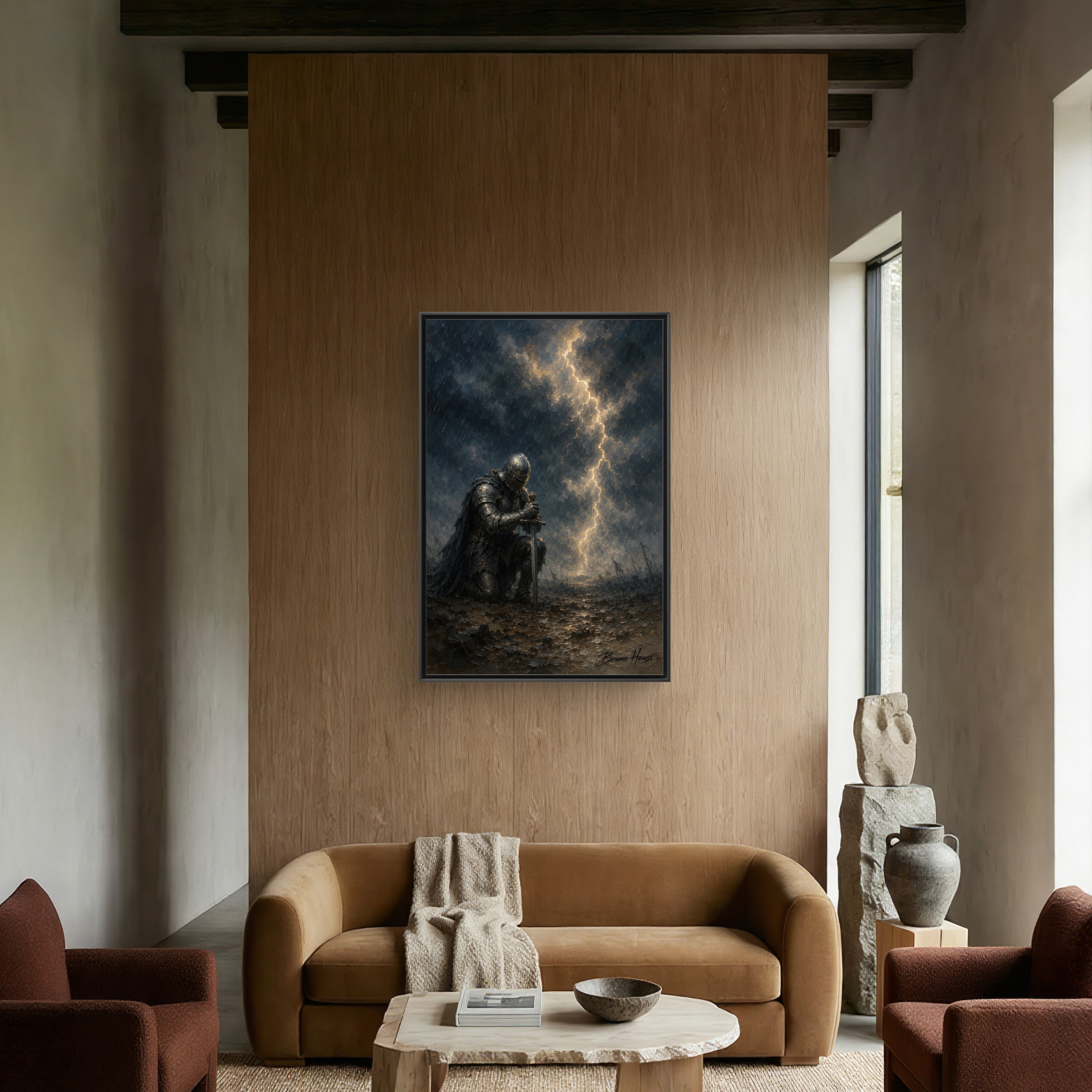 Knight in Thunderstorm Matte Framed Canvas — Dark Fantasy Wall Art