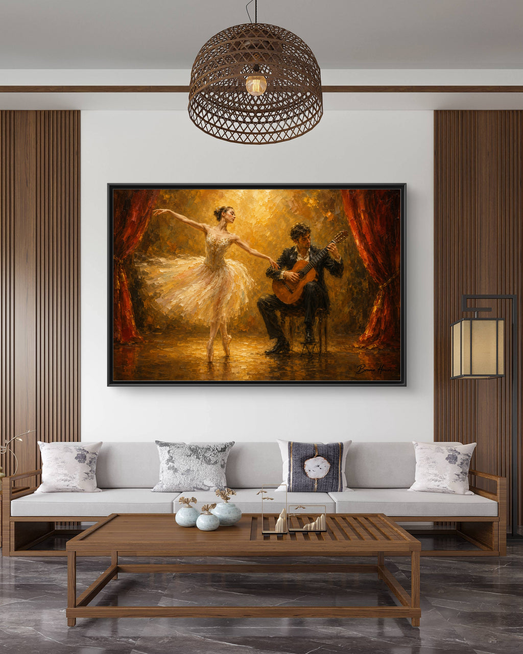 Ballet Dancer & Guitarist Framed Canvas Wall Art — Oil-Style Performance Print
