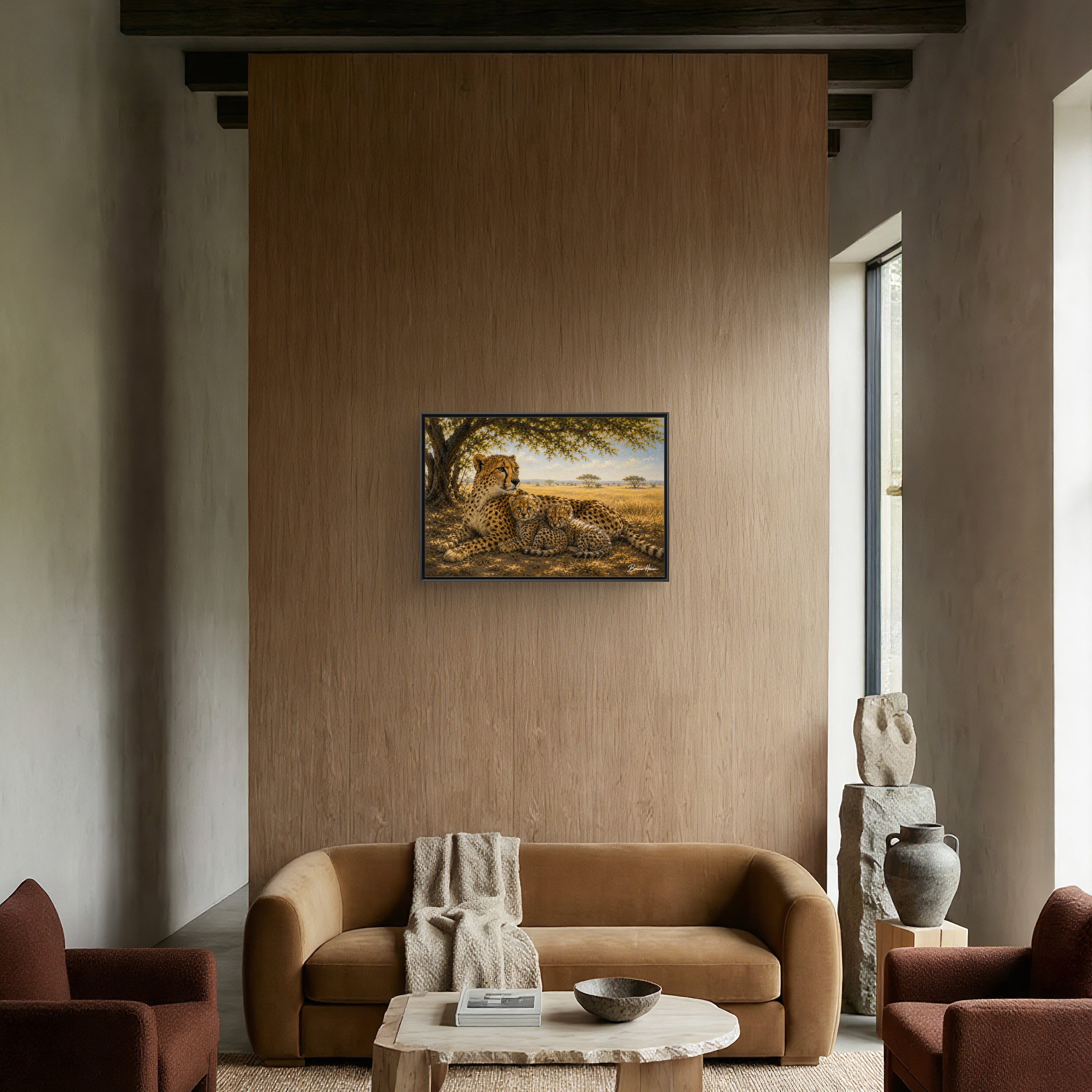 Cheetah Mother & Cubs Framed Canvas Wall Art – African Wildlife Safari Print