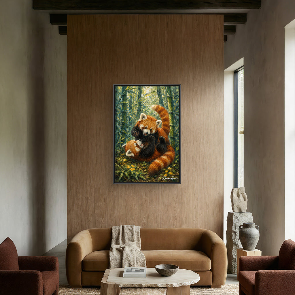 Red Panda Playtime Framed Canvas Wall Art — Playful Wildlife Print