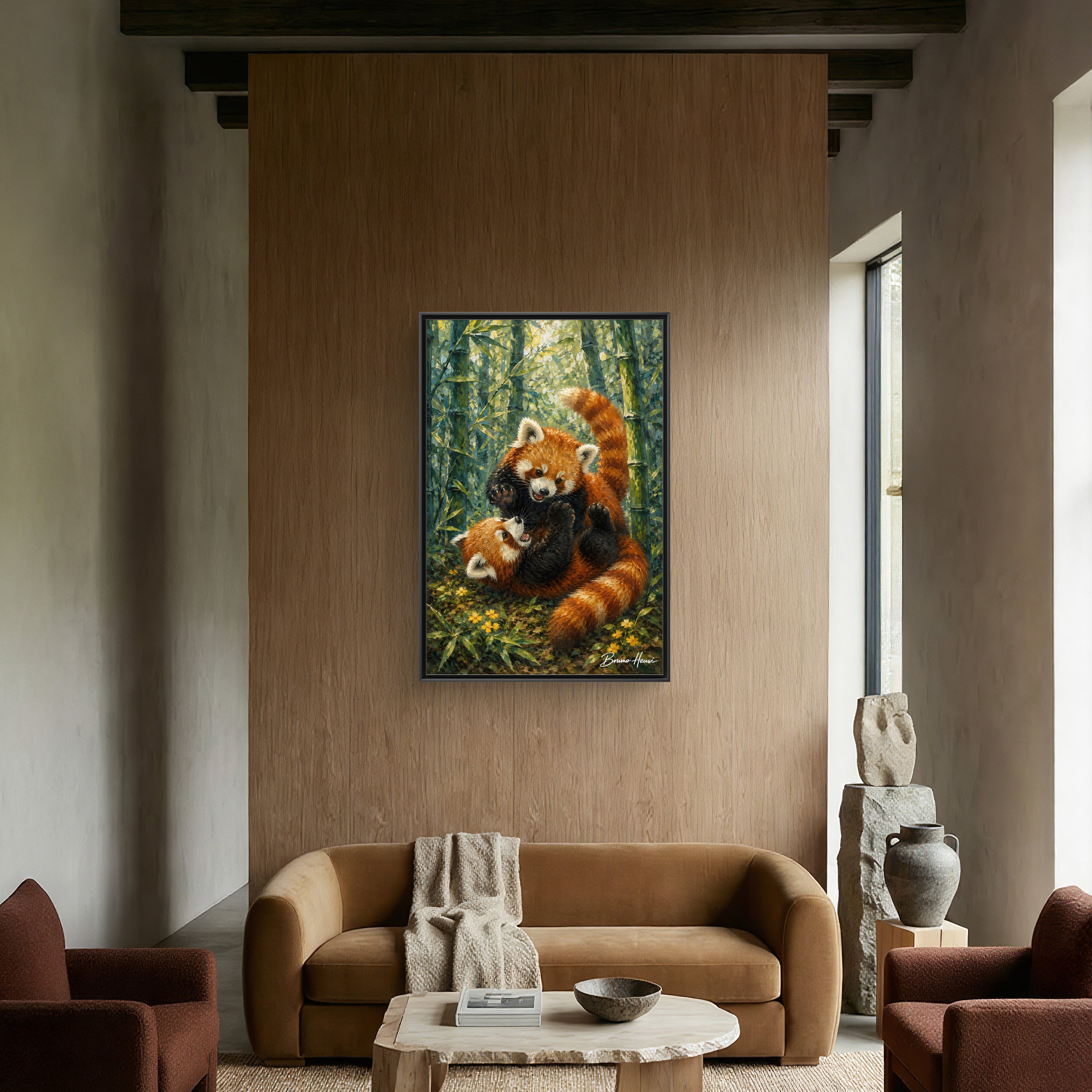 Red Panda Playtime Framed Canvas Wall Art — Playful Wildlife Print