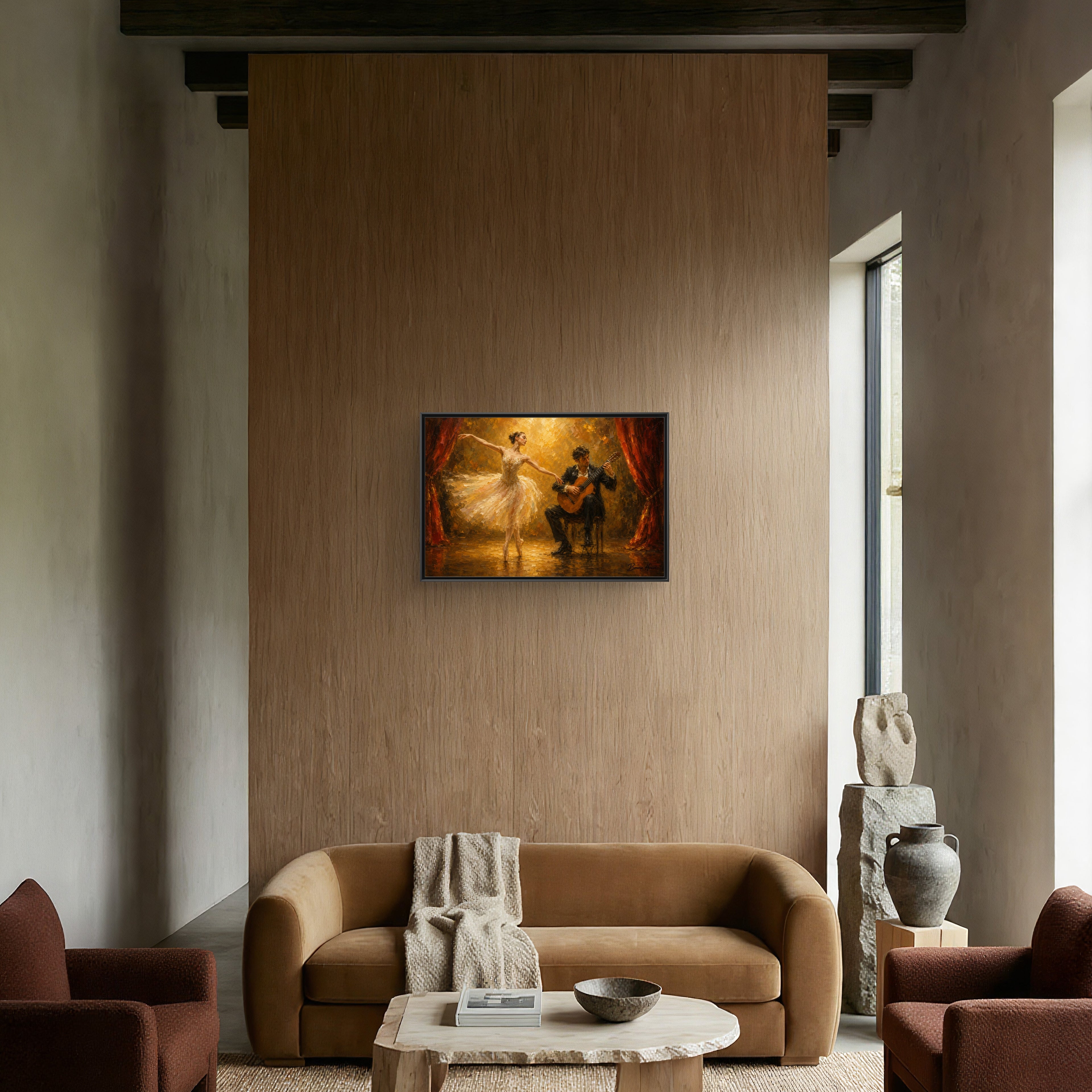 Ballet Dancer & Guitarist Framed Canvas Wall Art — Oil-Style Performance Print
