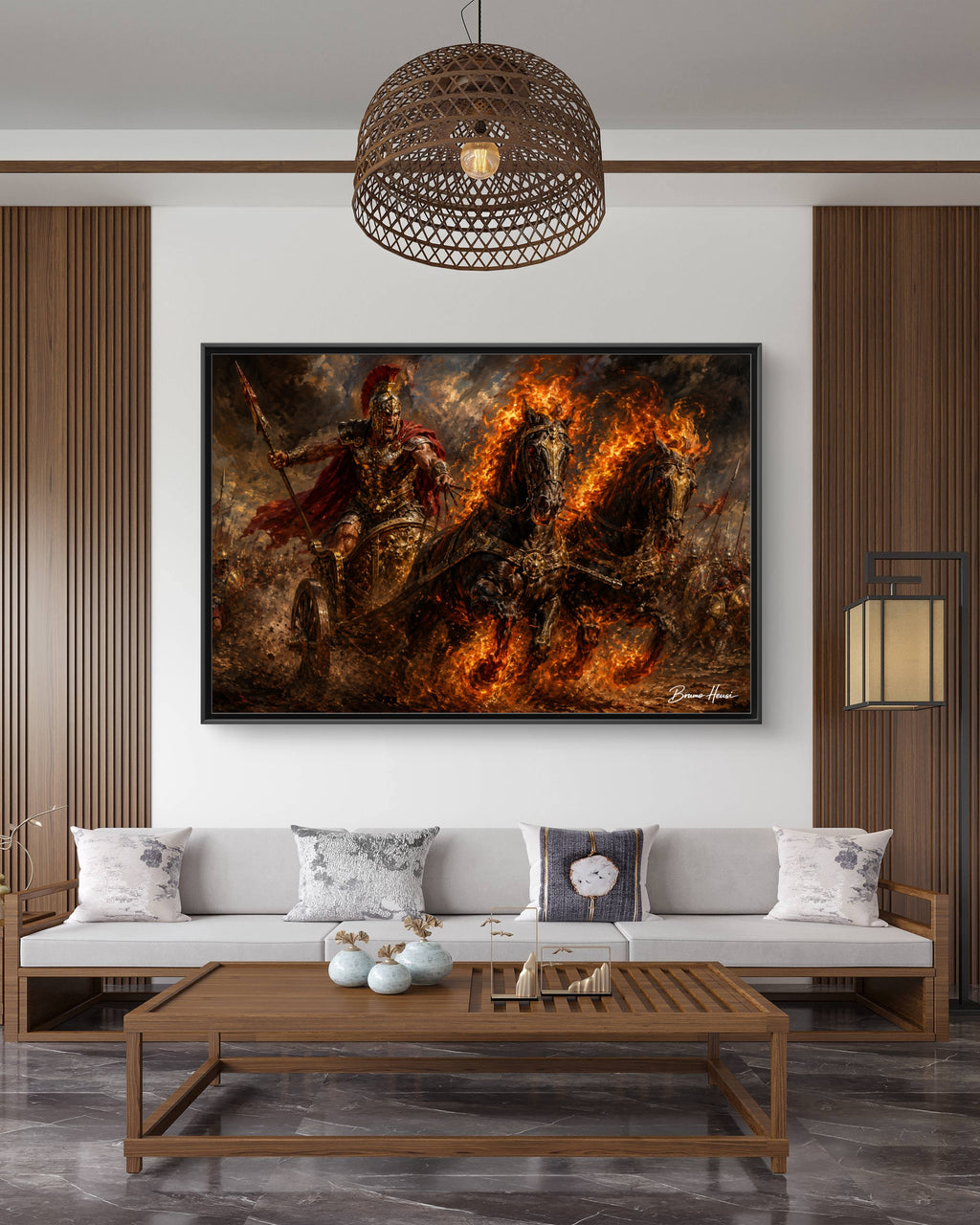 Flaming Chariot Framed Canvas Wall Art — Mythic Warrior Matte Print