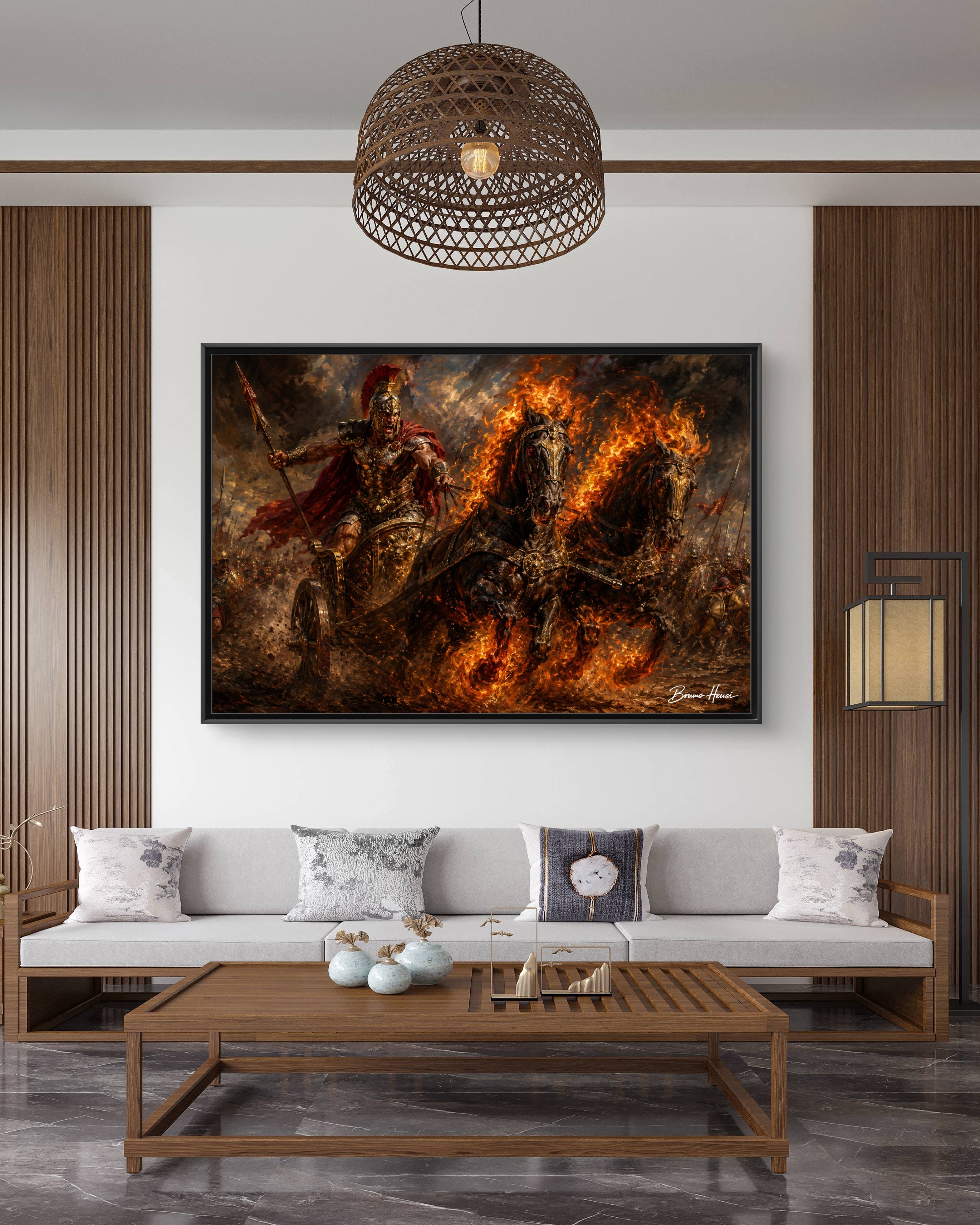 Flaming Chariot Framed Canvas Wall Art — Mythic Warrior Matte Print