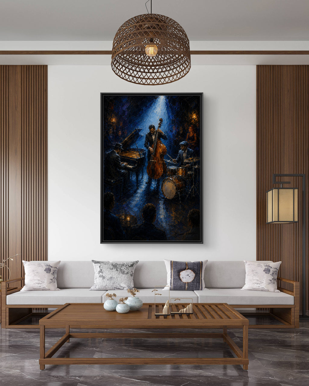 Framed Jazz Quartet Canvas Wall Art – Moody Blue Music Scene