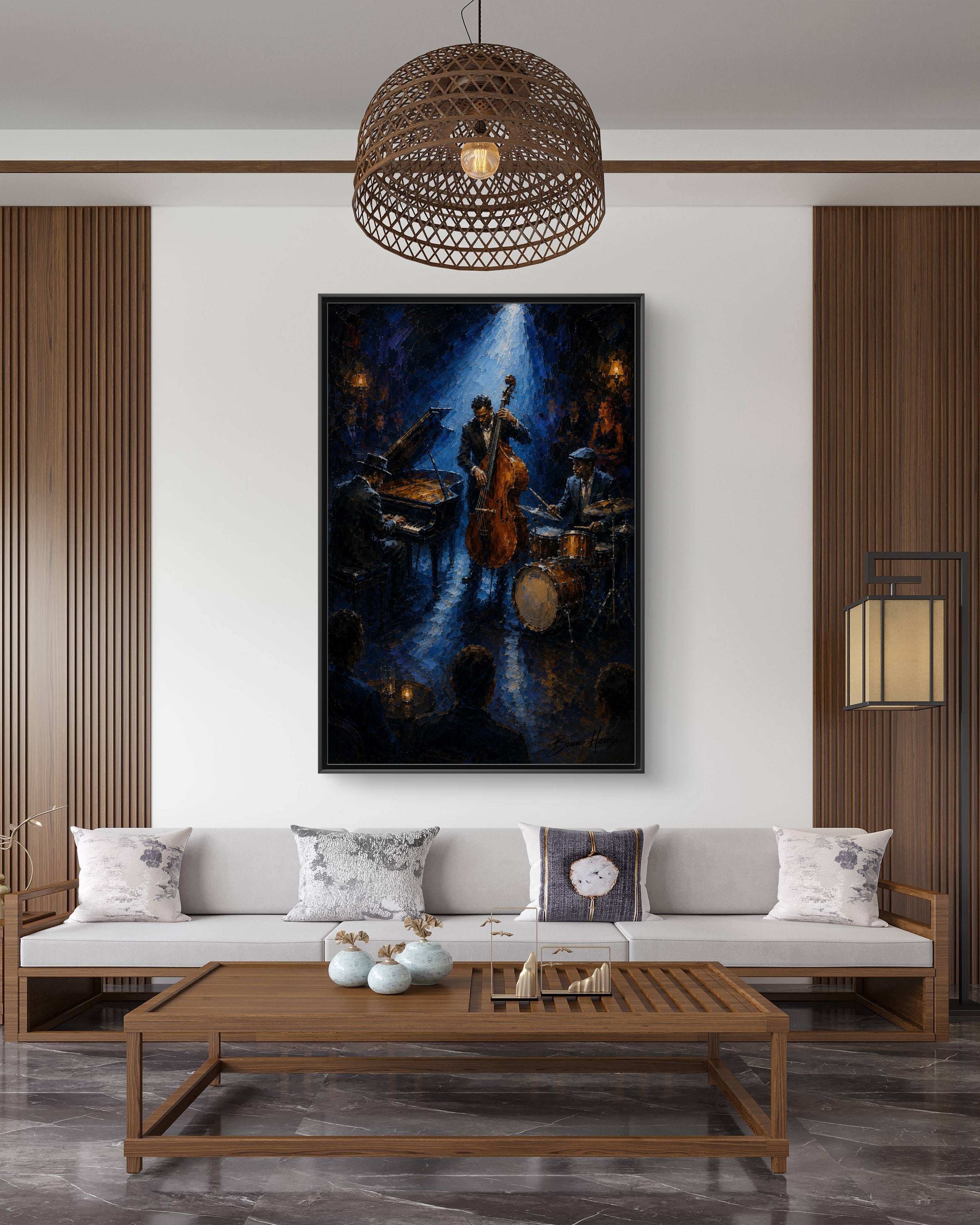 Framed Jazz Quartet Canvas Wall Art – Moody Blue Music Scene