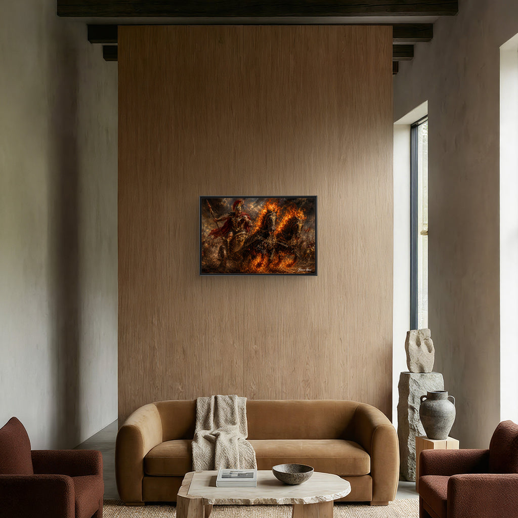 Flaming Chariot Framed Canvas Wall Art — Mythic Warrior Matte Print