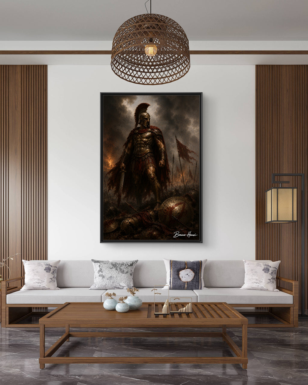 Framed Spartan Warrior Matte Canvas Print – Dramatic Ancient Battle Wall Art