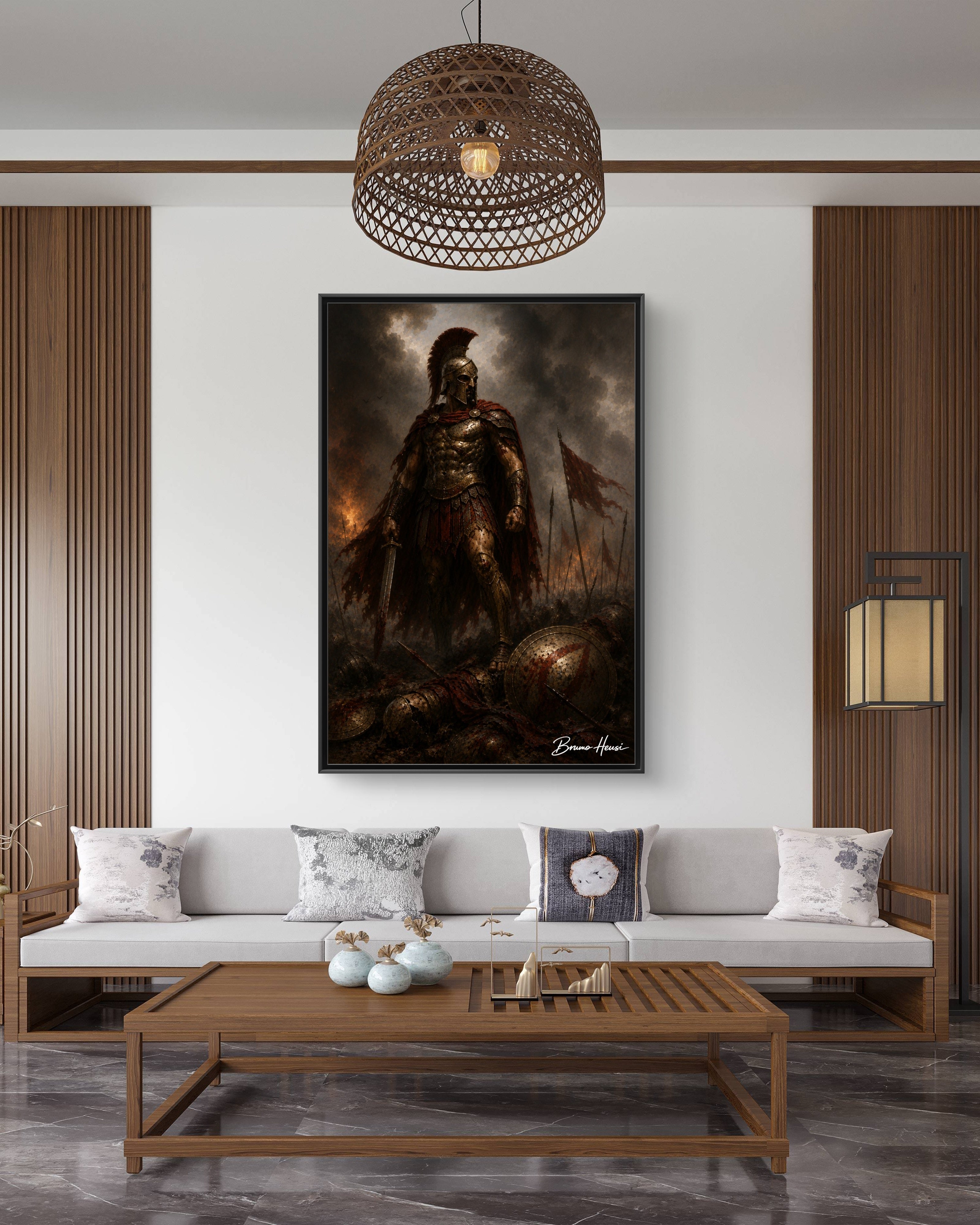 Framed Spartan Warrior Matte Canvas Print – Dramatic Ancient Battle Wall Art