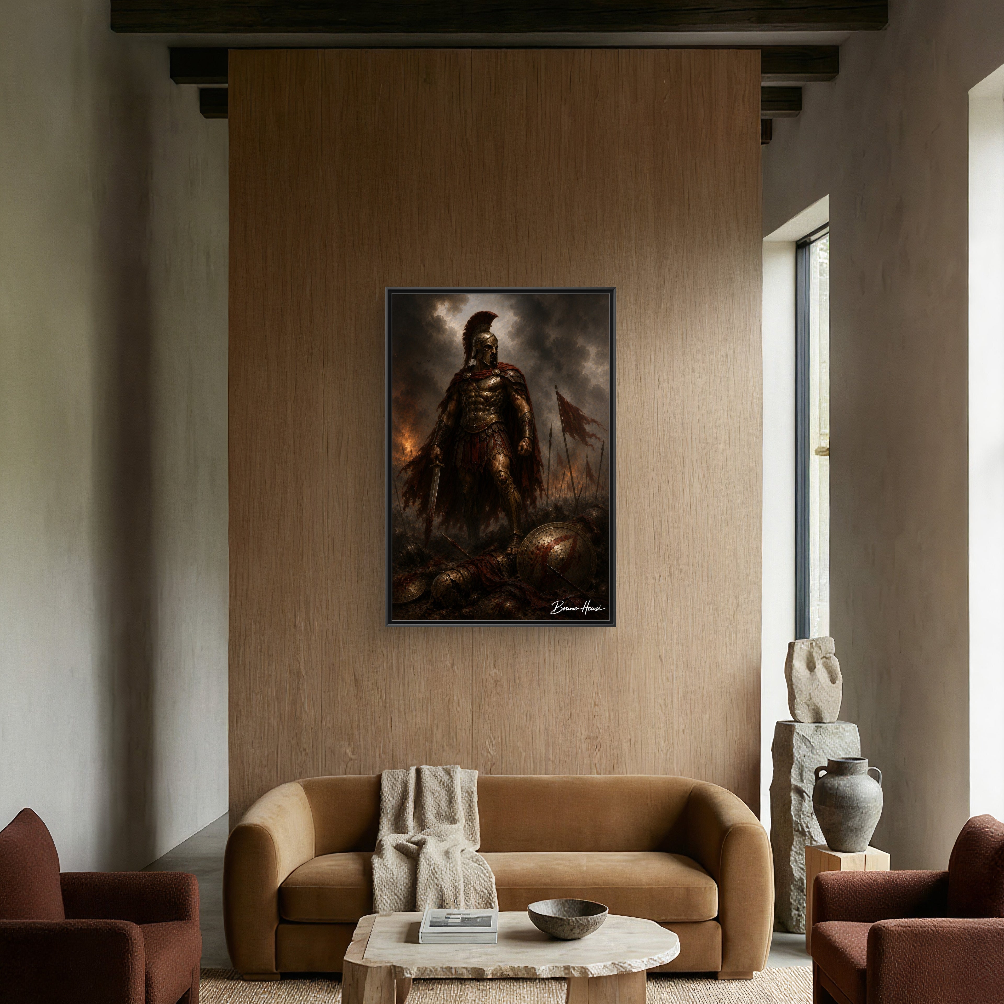 Framed Spartan Warrior Matte Canvas Print – Dramatic Ancient Battle Wall Art