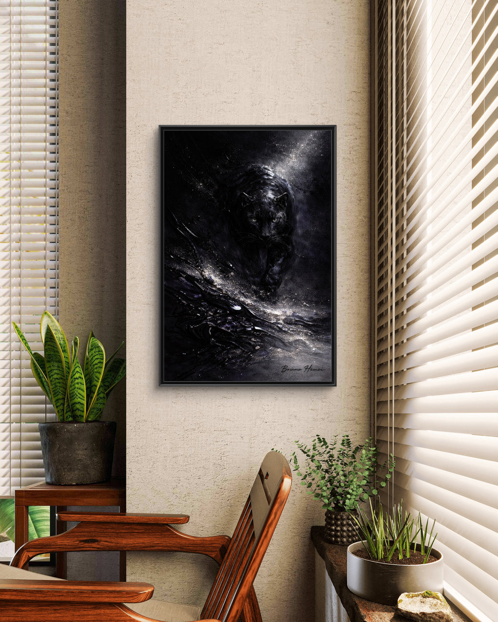 Cosmic Black Panther Matte Framed Canvas – Dark Abstract Wildlife Wall Art