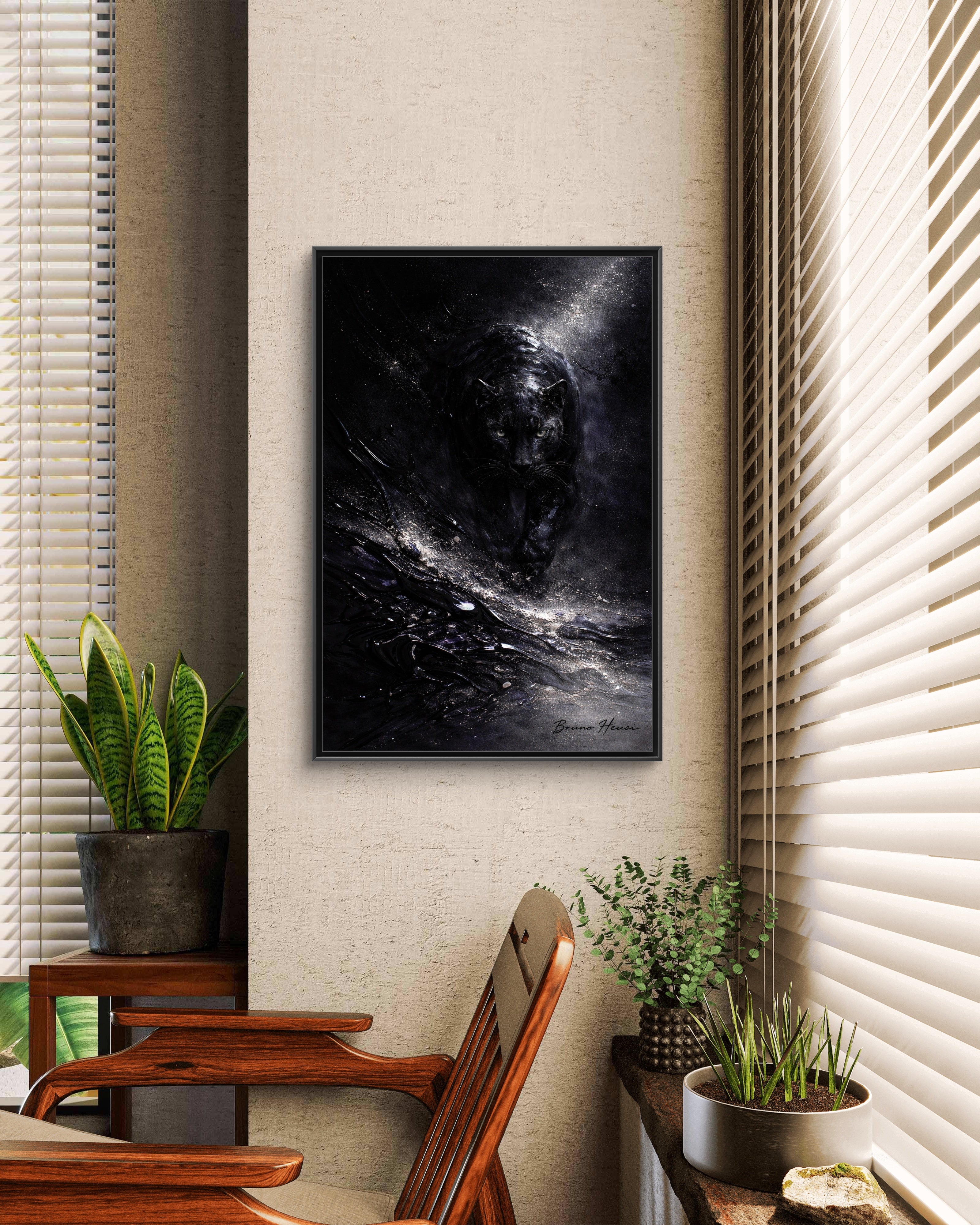 Cosmic Black Panther Matte Framed Canvas – Dark Abstract Wildlife Wall Art