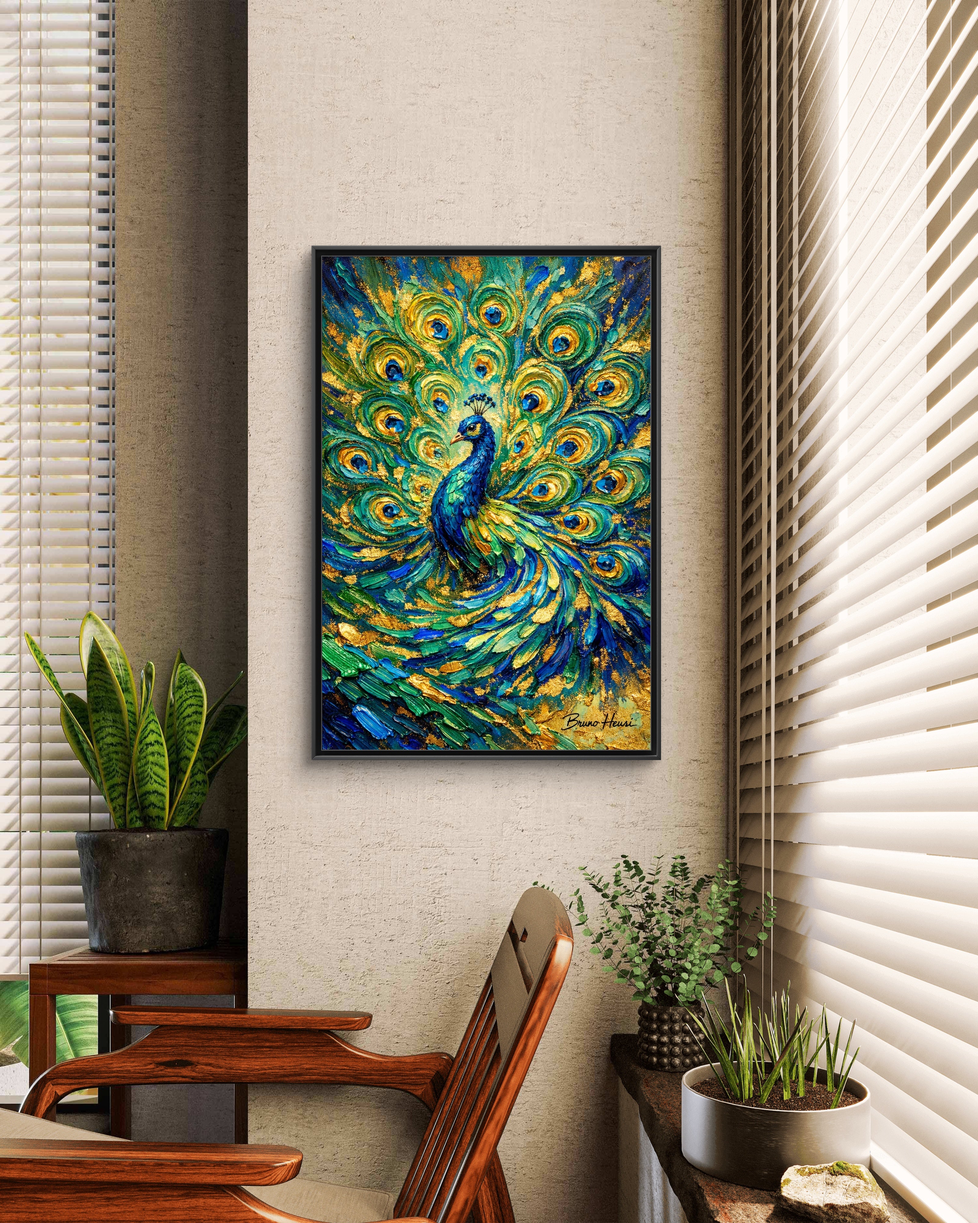 Peacock Oil-Style Framed Canvas Wall Art — Vibrant Blue & Gold Peacock Painting