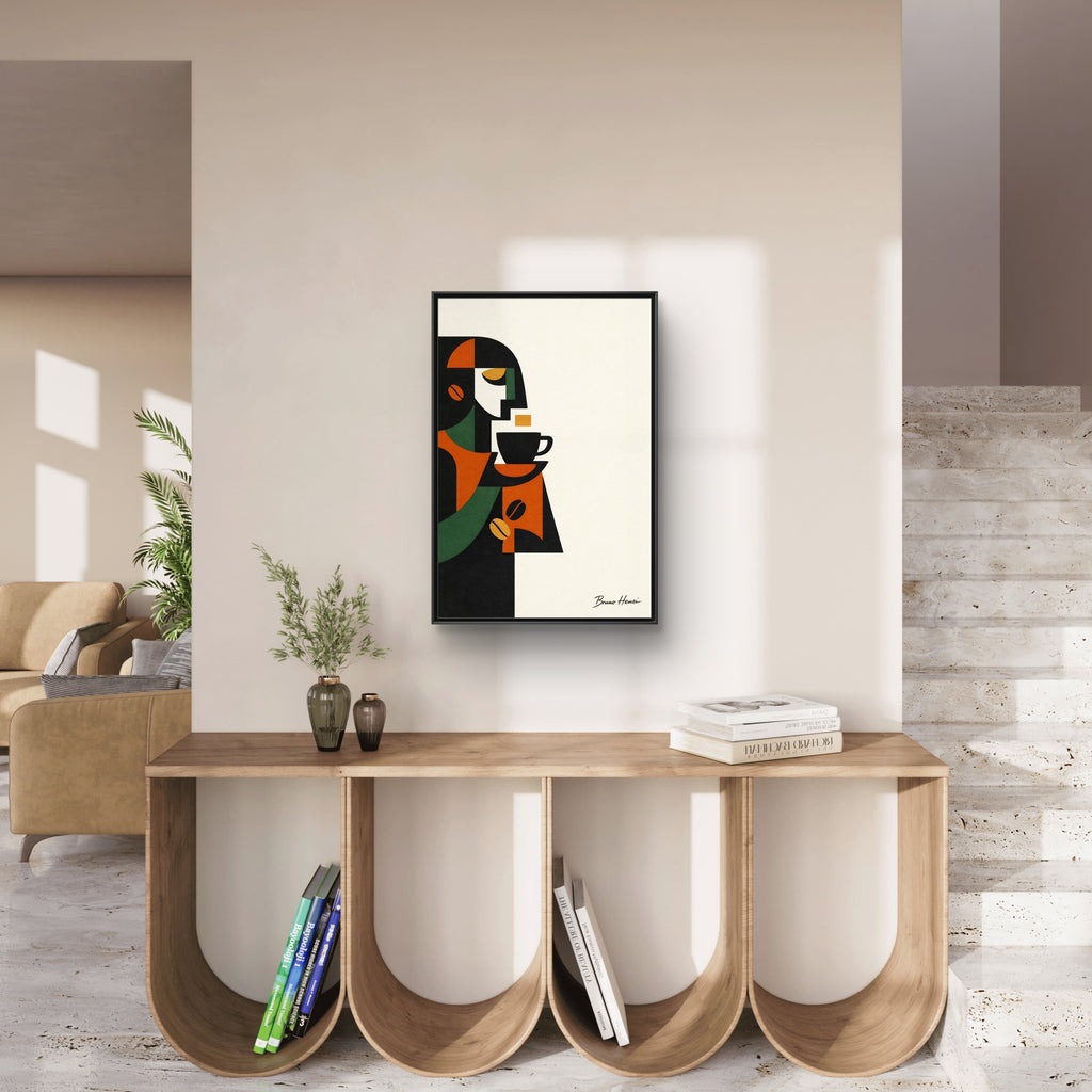 Abstract Coffee Drinker Framed Canvas Print — Modern Café Wall Art