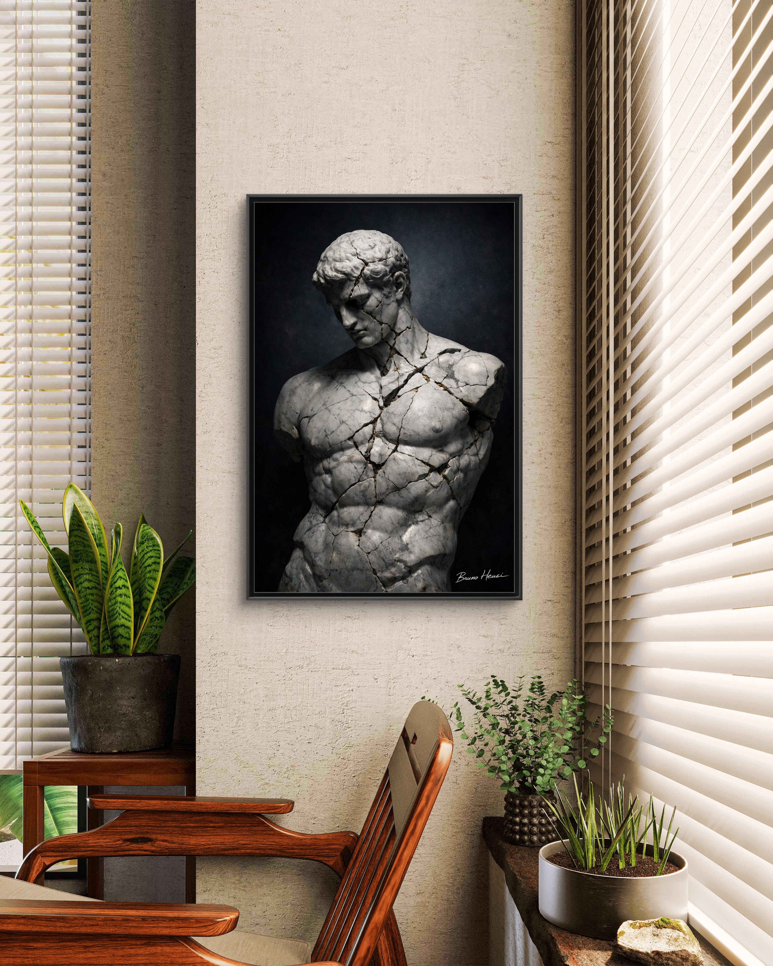 Cracked Marble Bust Framed Canvas Wall Art — Classical Sculpture Print
