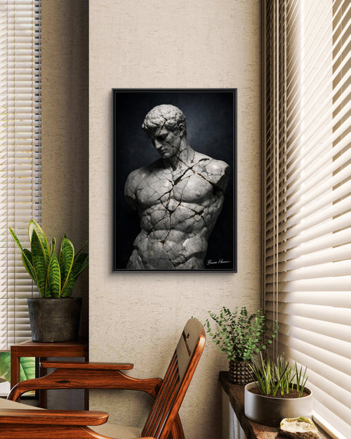Cracked Marble Bust Framed Canvas Wall Art — Classical Sculpture Print