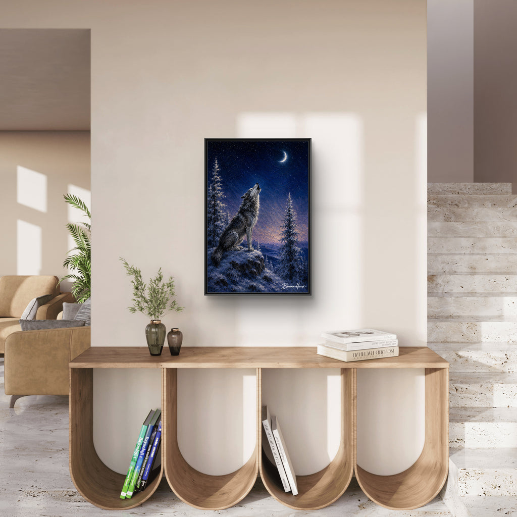 Howling Wolf Moon Framed Canvas Art - Matte Multi-Color Wilderness Print