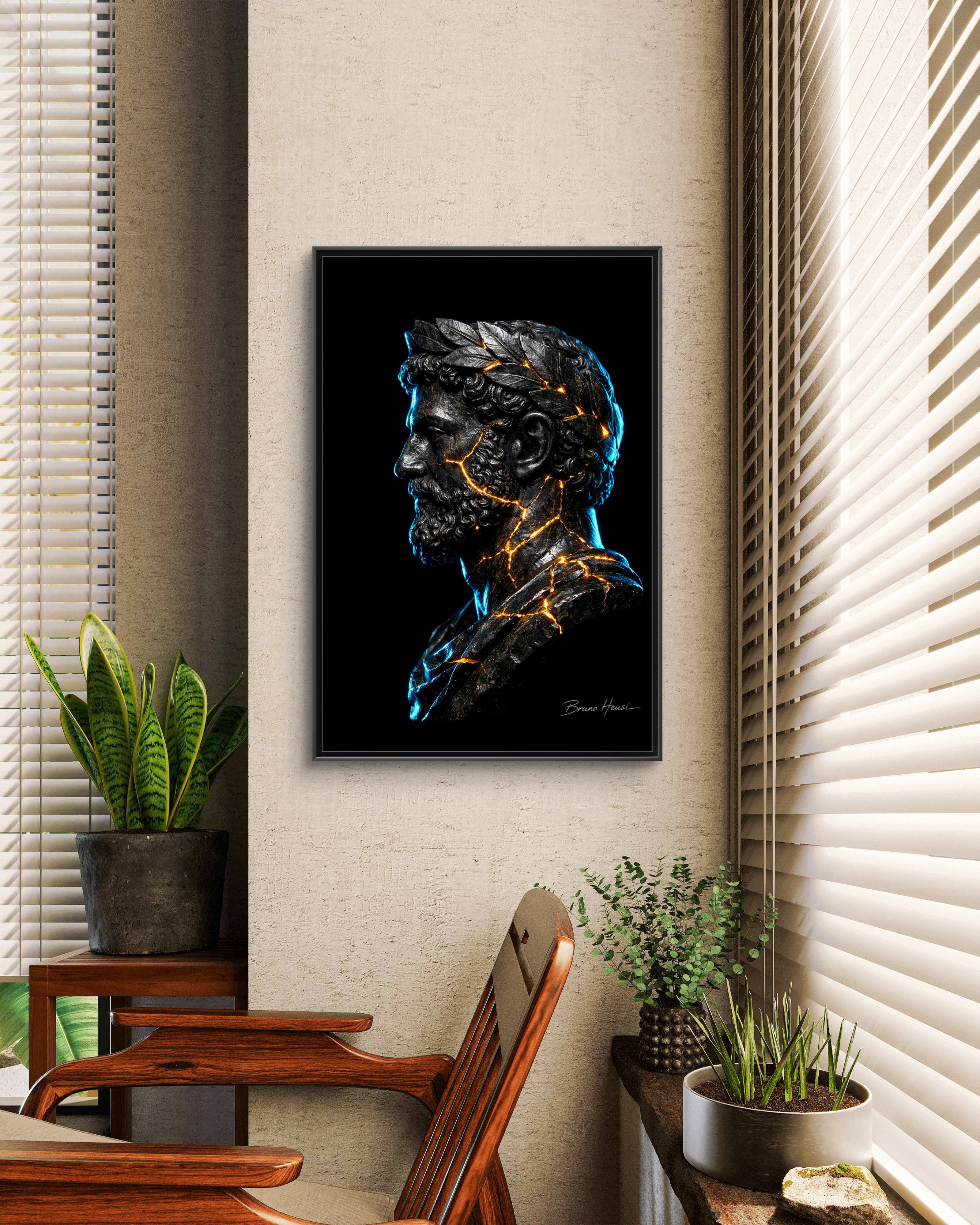 Roman Emperor Neon Bust Framed Canvas Wall Art — Modern Sculpture Print