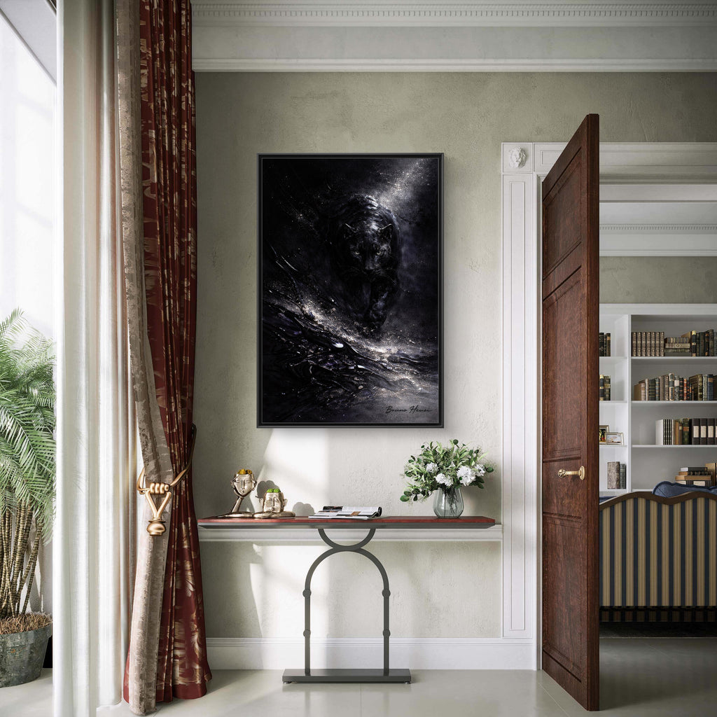 Cosmic Black Panther Matte Framed Canvas – Dark Abstract Wildlife Wall Art