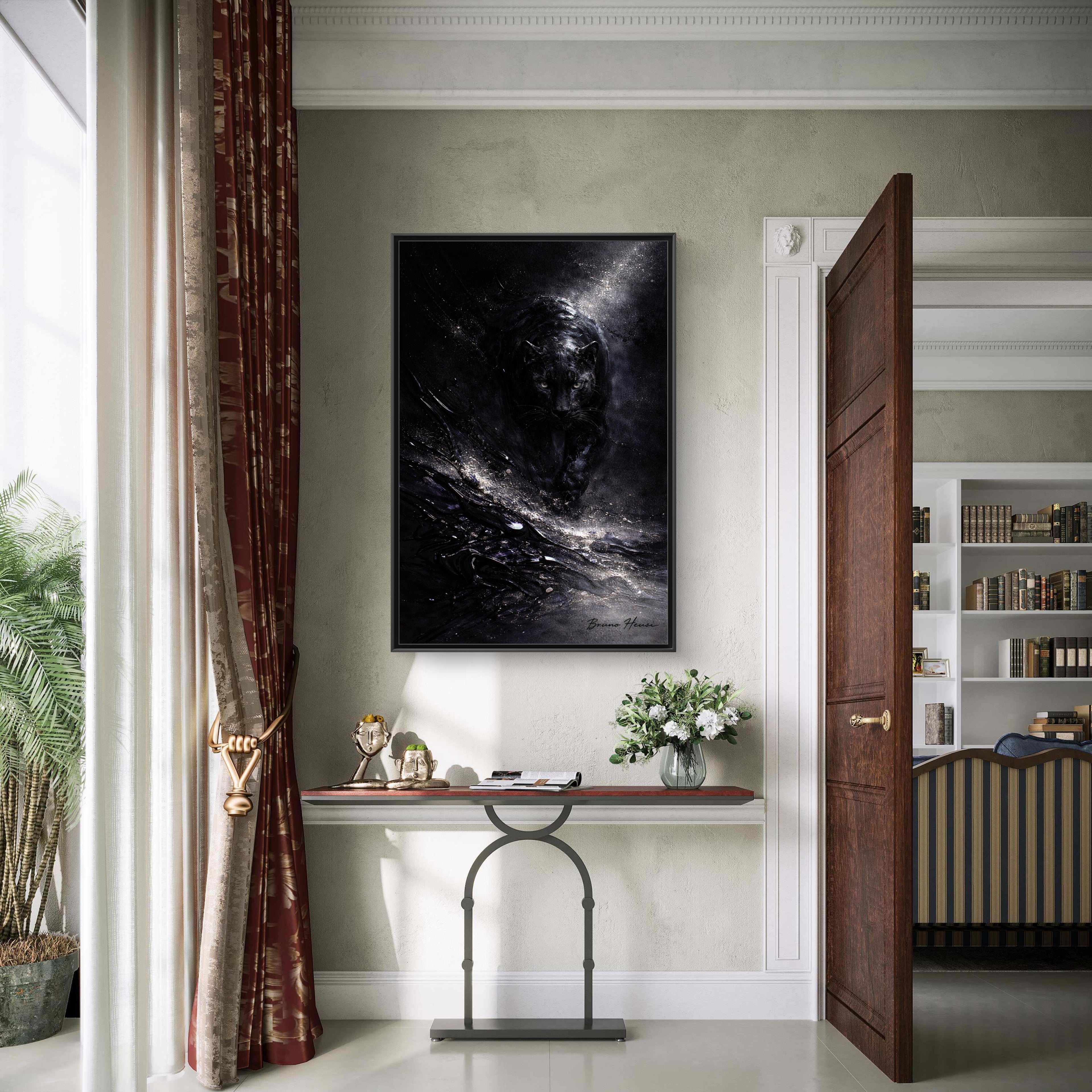 Cosmic Black Panther Matte Framed Canvas – Dark Abstract Wildlife Wall Art