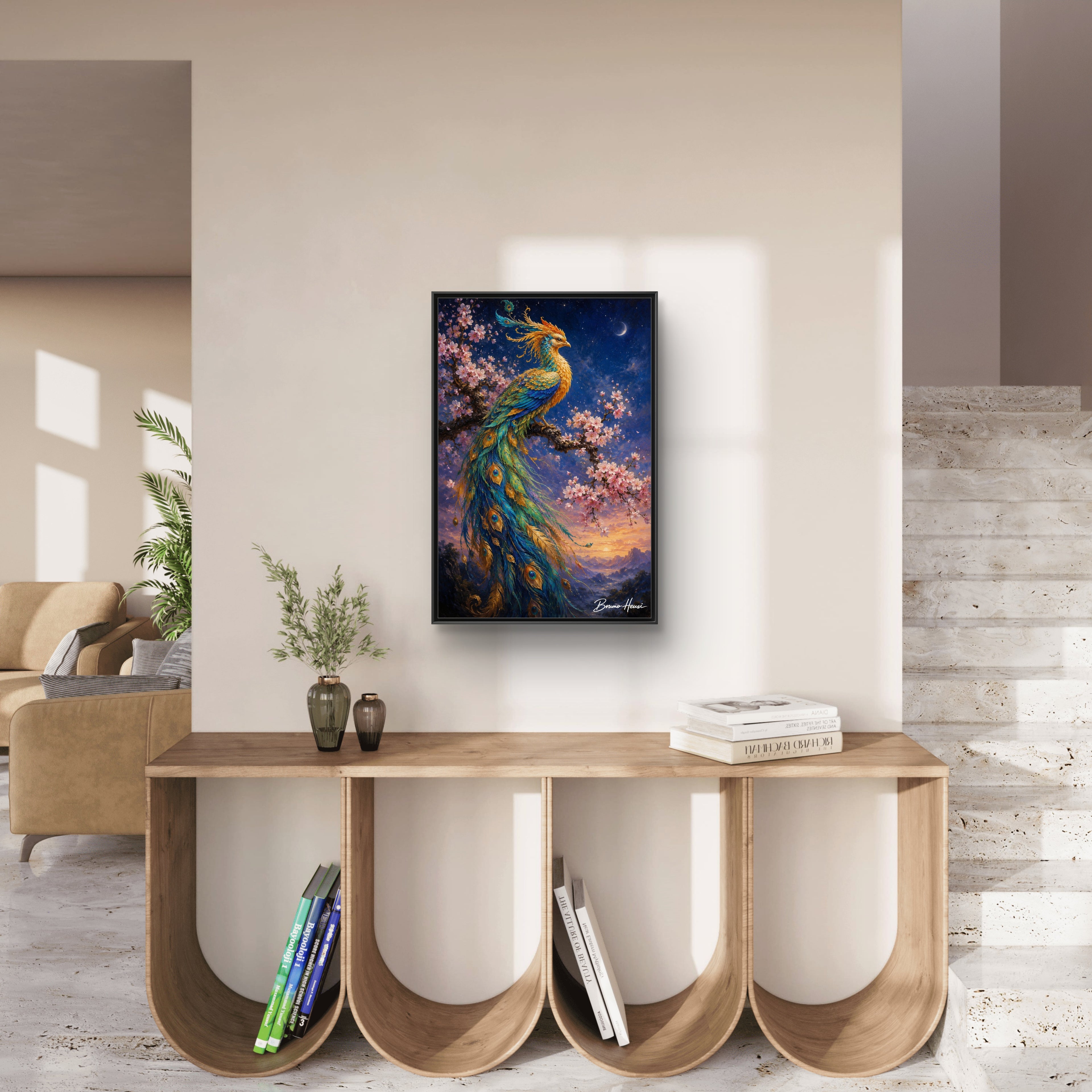 Framed Peacock Canvas Wall Art — Vibrant Fantasy Bird Print