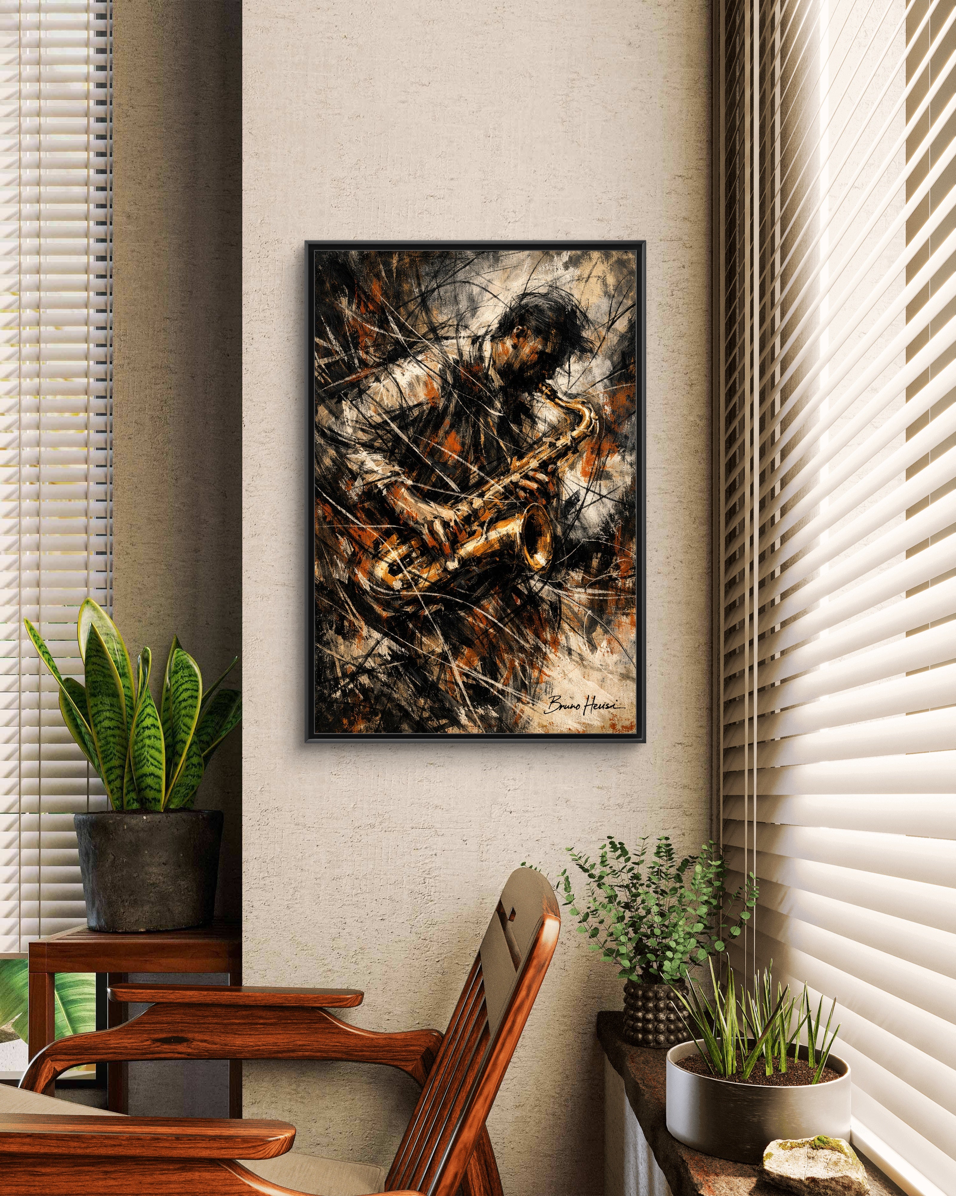 Saxophone Jazz Musician Framed Canvas Wall Art — Abstract Music Print