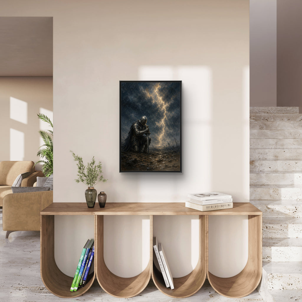 Knight in Thunderstorm Matte Framed Canvas — Dark Fantasy Wall Art