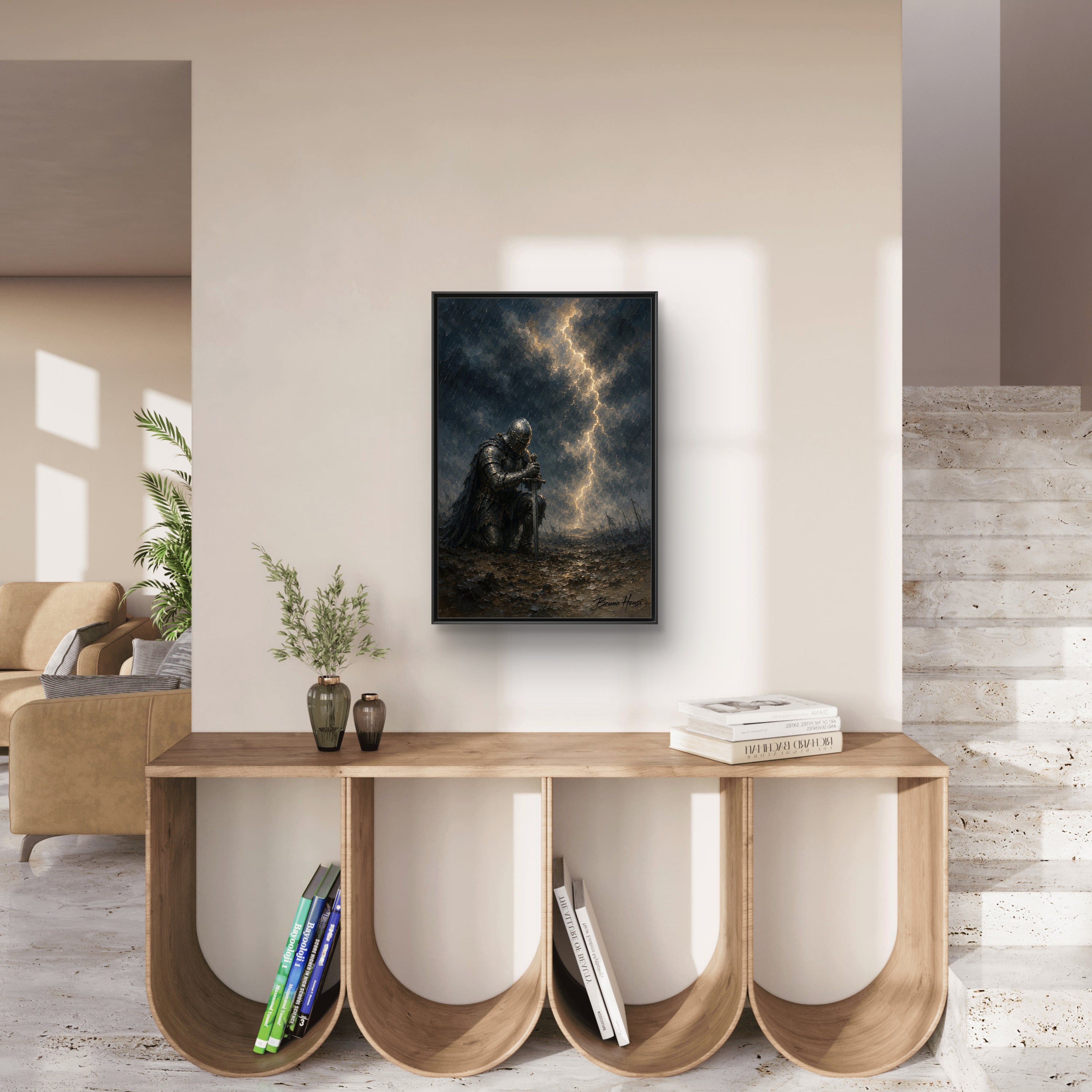 Knight in Thunderstorm Matte Framed Canvas — Dark Fantasy Wall Art