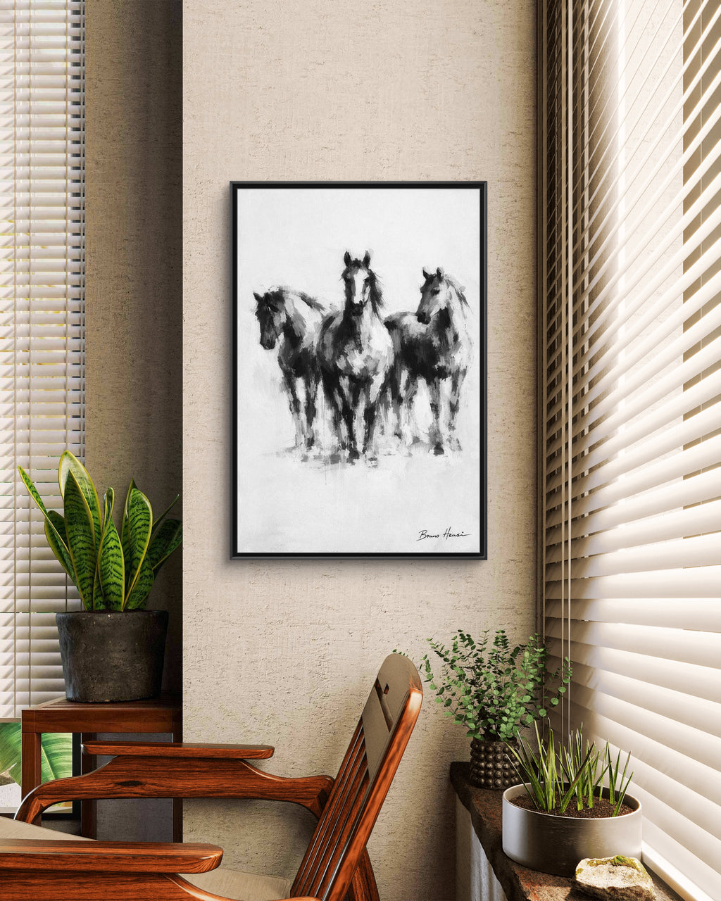 Framed Matte Canvas Print – Three Galloping Horses Black & White Wall Art