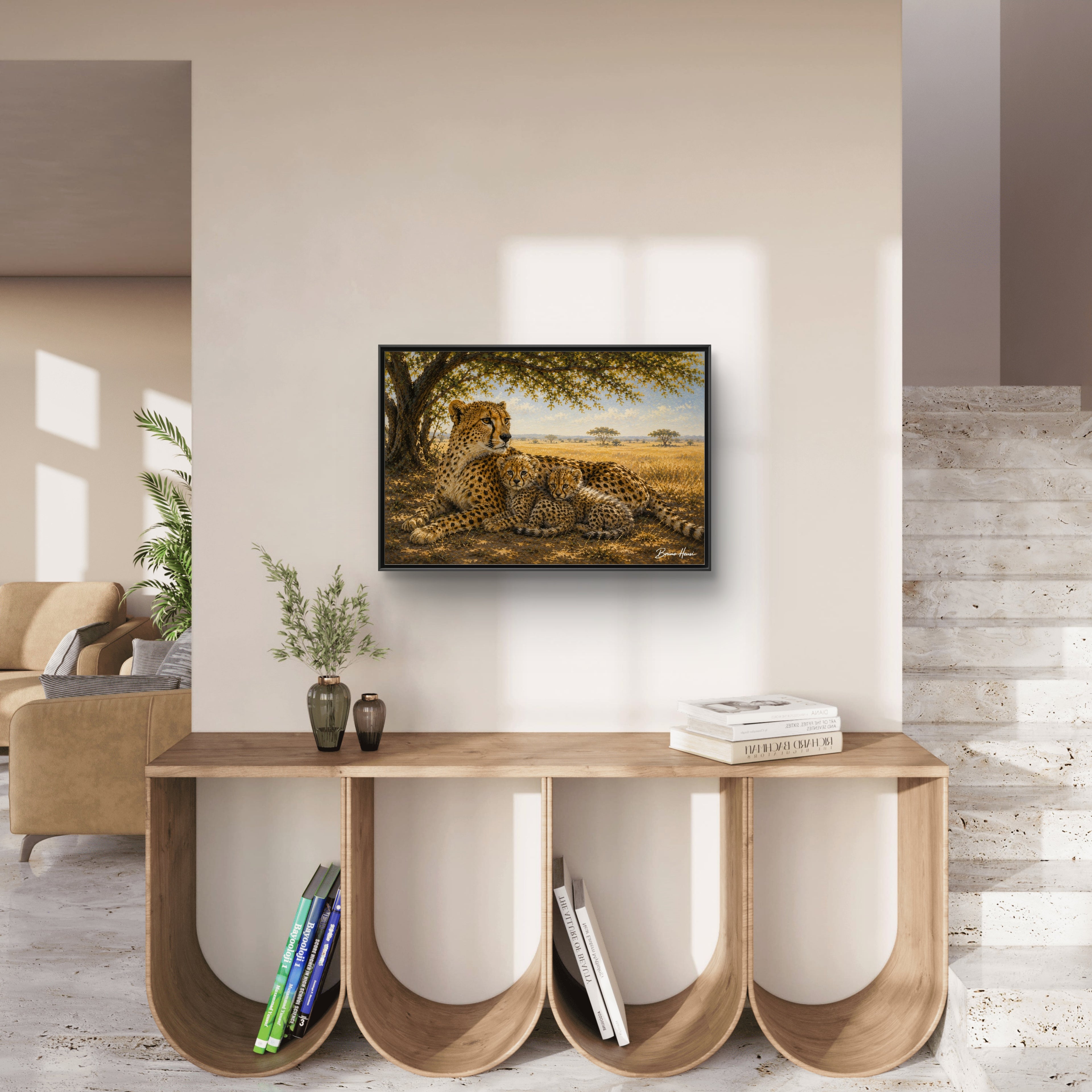 Cheetah Mother & Cubs Framed Canvas Wall Art – African Wildlife Safari Print