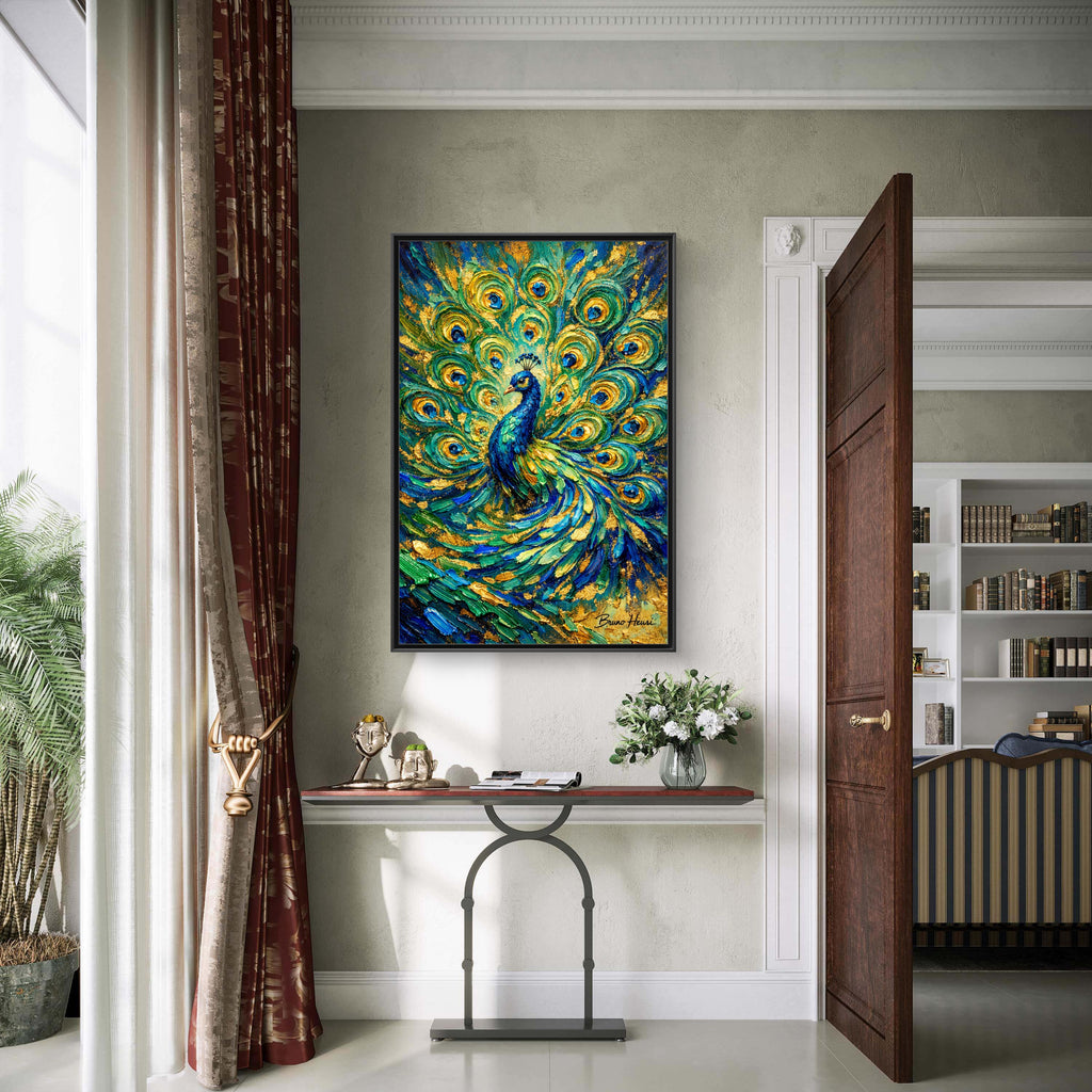 Peacock Oil-Style Framed Canvas Wall Art — Vibrant Blue & Gold Peacock Painting