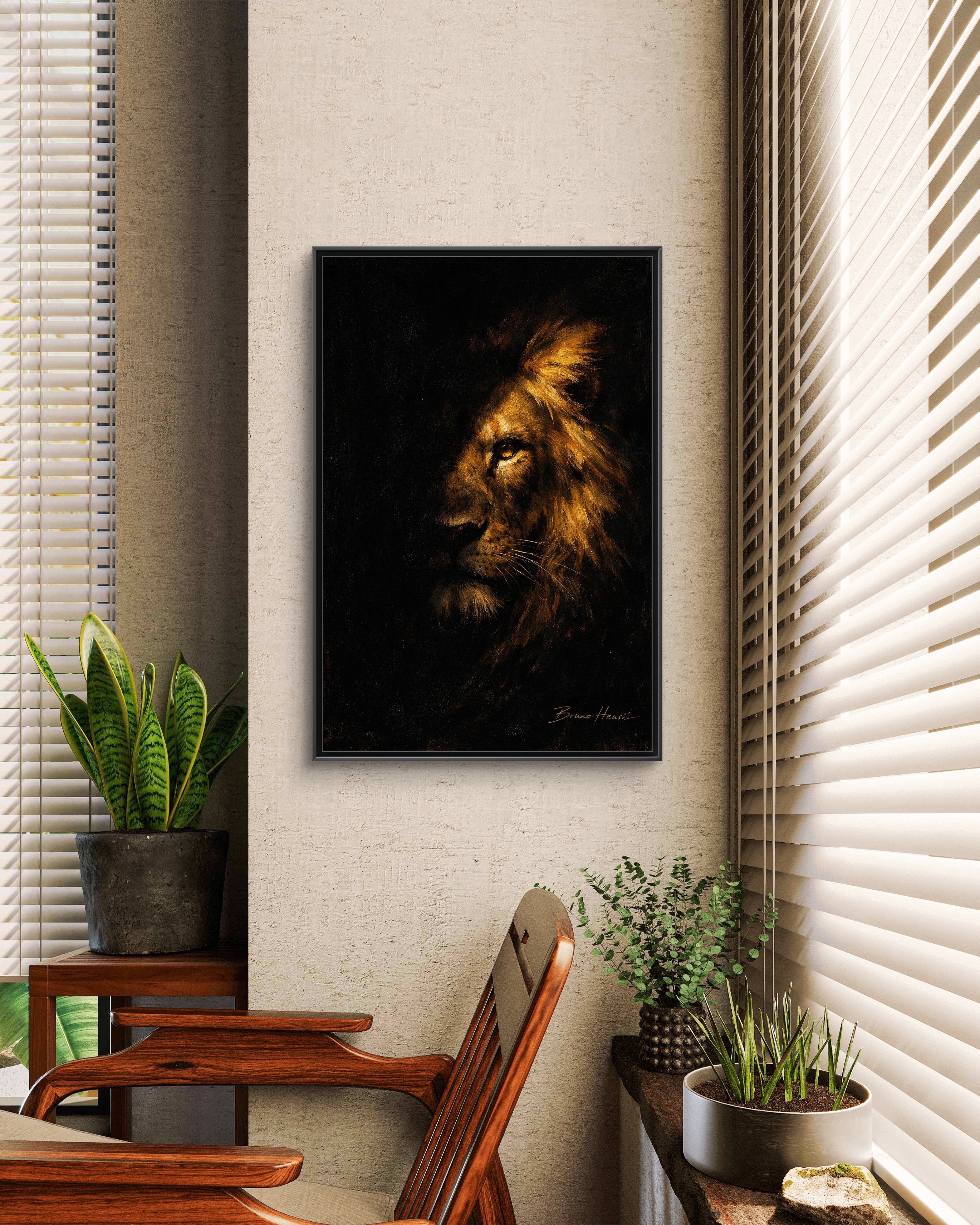 Majestic Lion Portrait Framed Canvas Wall Art — Golden Mane on Black Matte Print