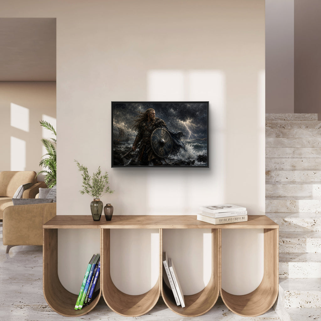 Viking Warrior Matte Framed Canvas Print — Stormy Norse Shield and Axe Wall Art