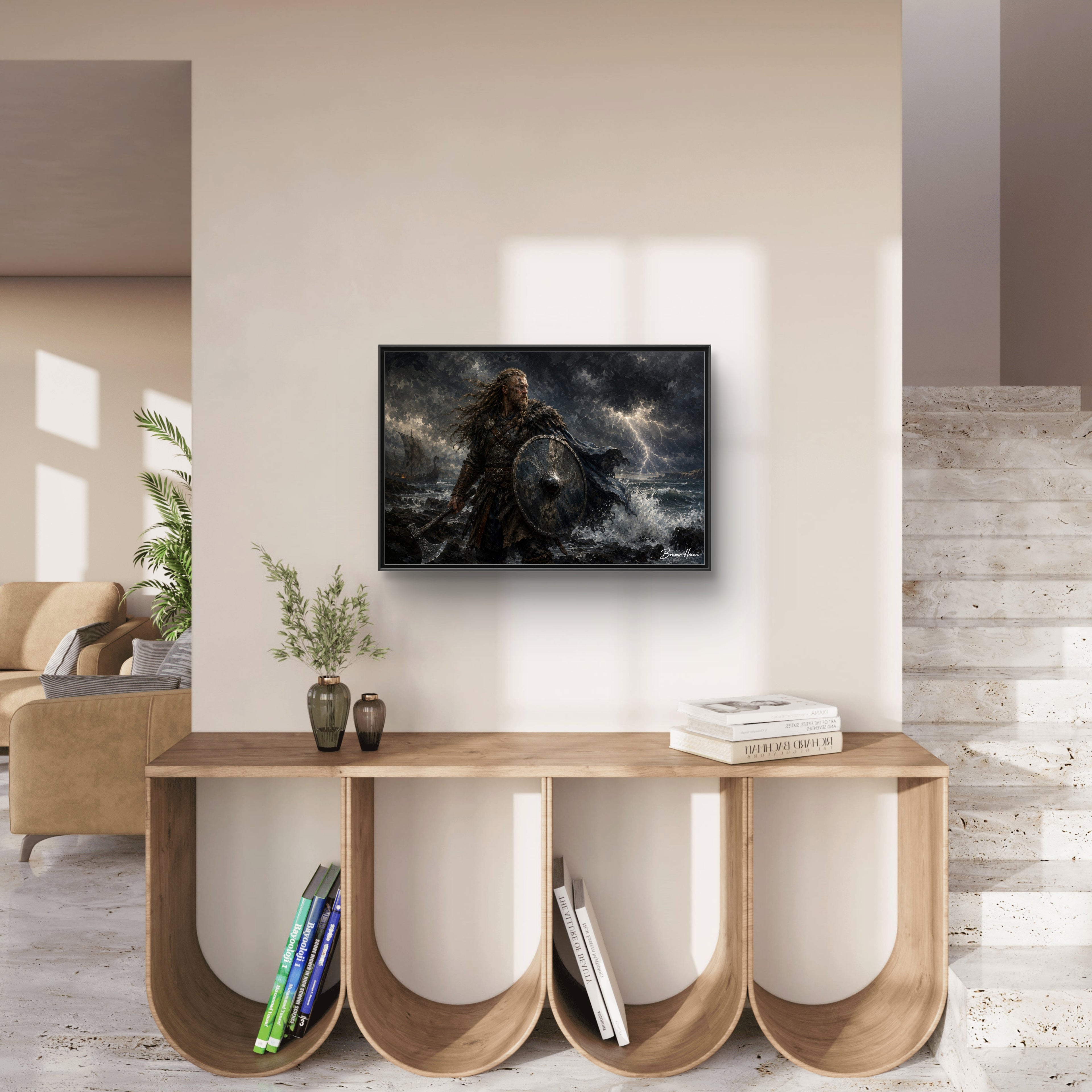 Viking Warrior Matte Framed Canvas Print — Stormy Norse Shield and Axe Wall Art