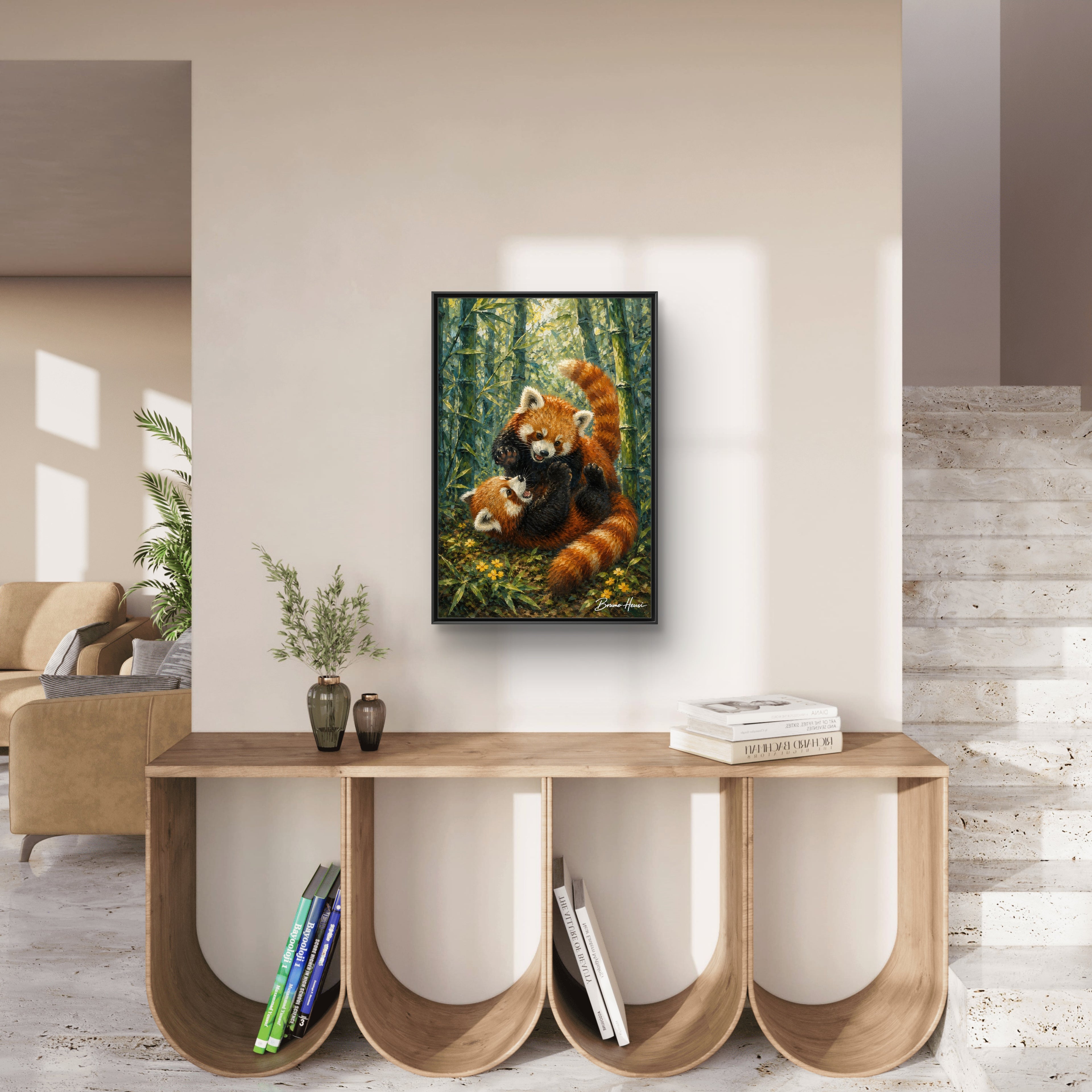 Red Panda Playtime Framed Canvas Wall Art — Playful Wildlife Print