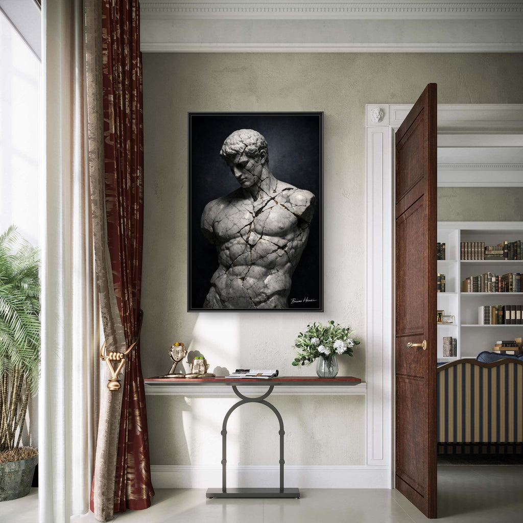 Cracked Marble Bust Framed Canvas Wall Art — Classical Sculpture Print