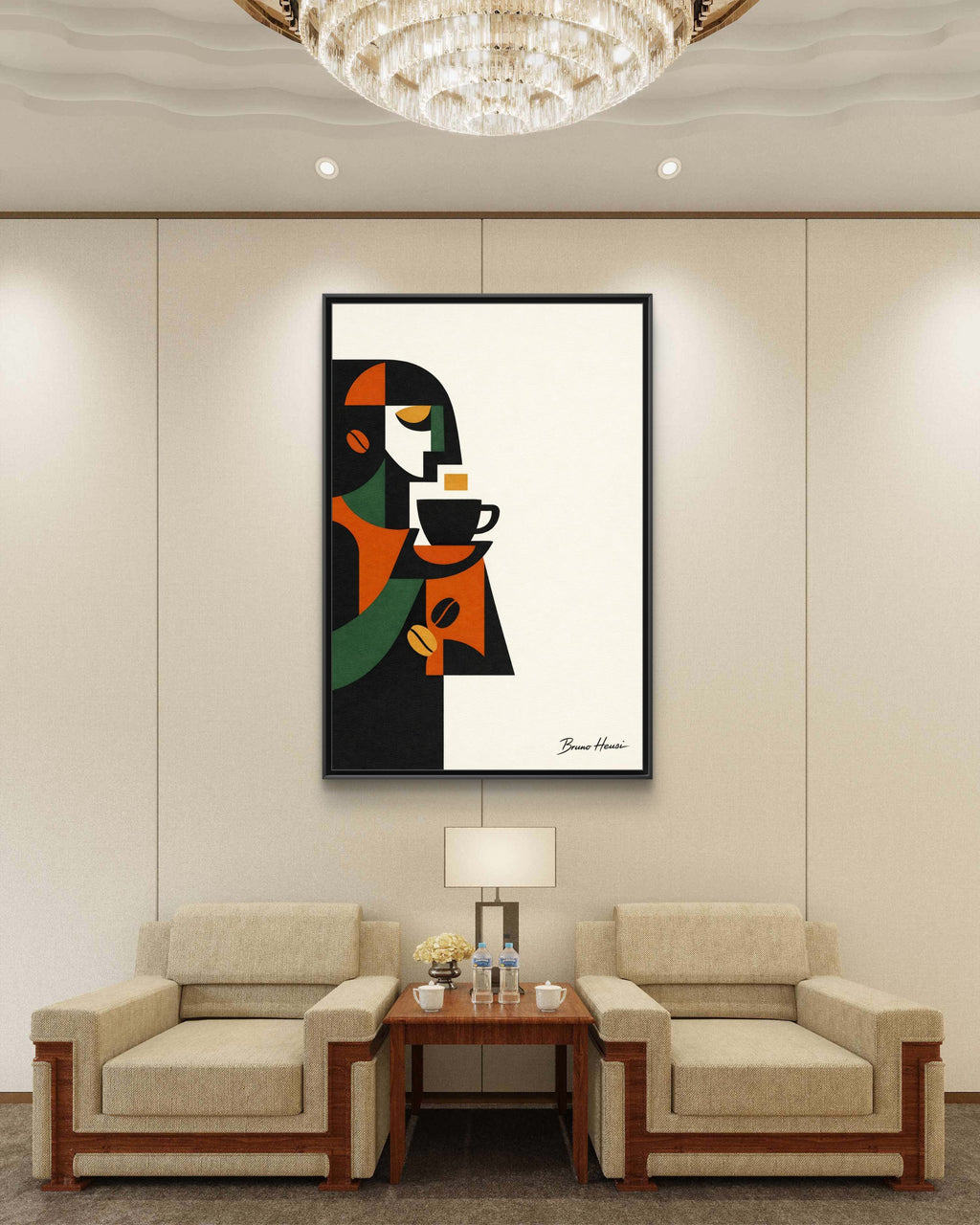 Abstract Coffee Drinker Framed Canvas Print — Modern Café Wall Art