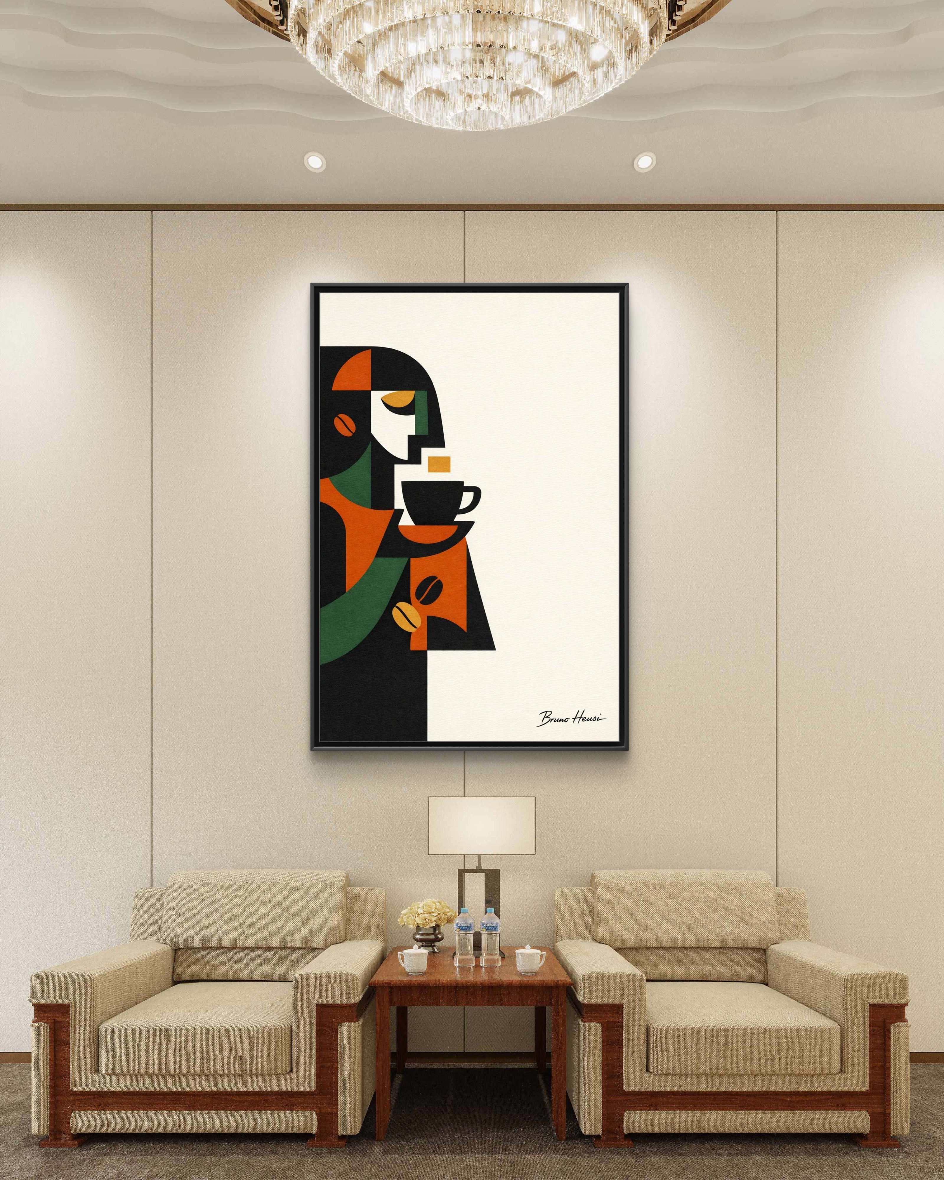 Abstract Coffee Drinker Framed Canvas Print — Modern Café Wall Art