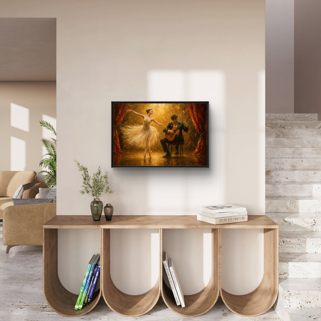 Ballet Dancer & Guitarist Framed Canvas Wall Art — Oil-Style Performance Print