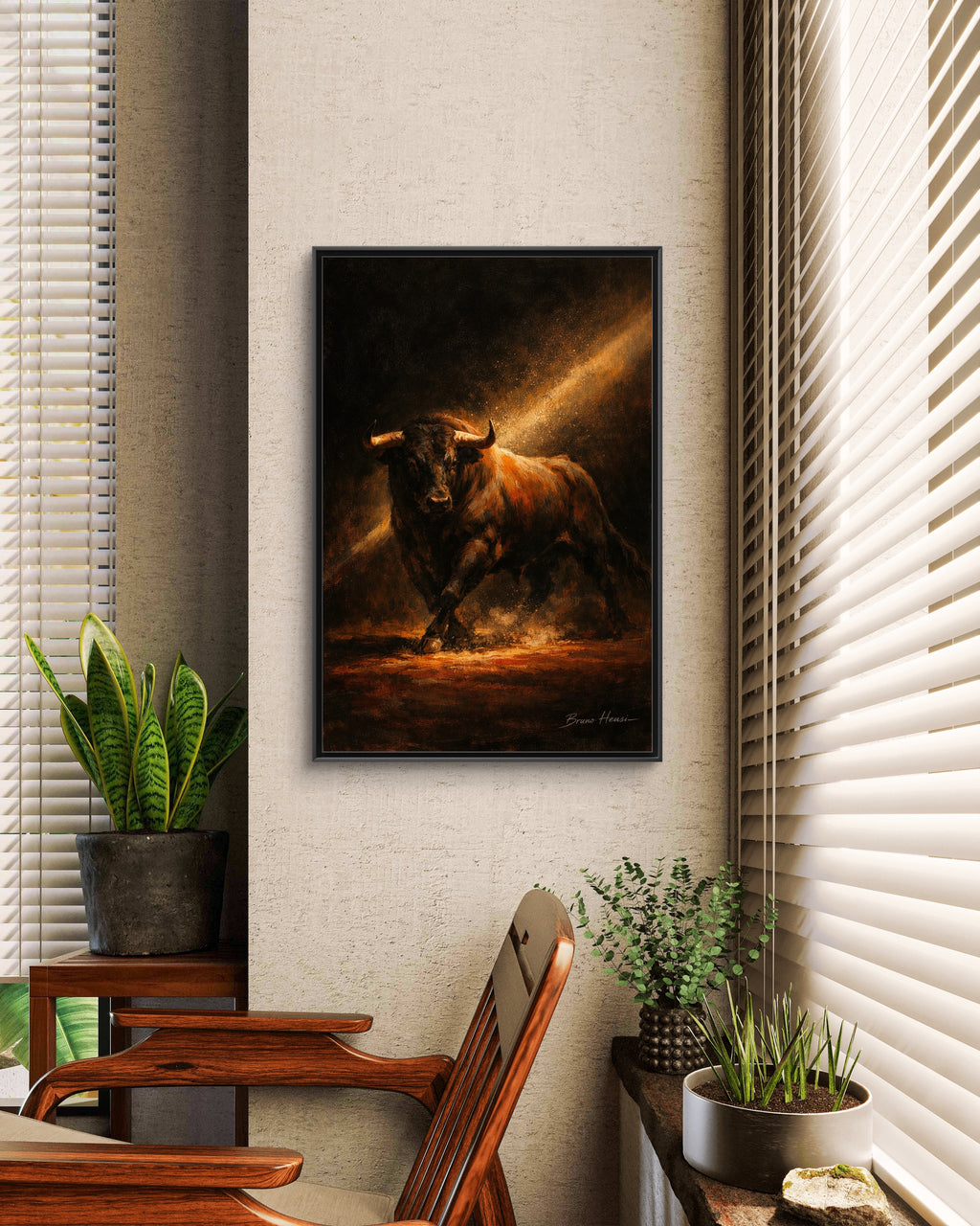 Framed Matte Canvas Art - Dramatic Charging Bull Painting
