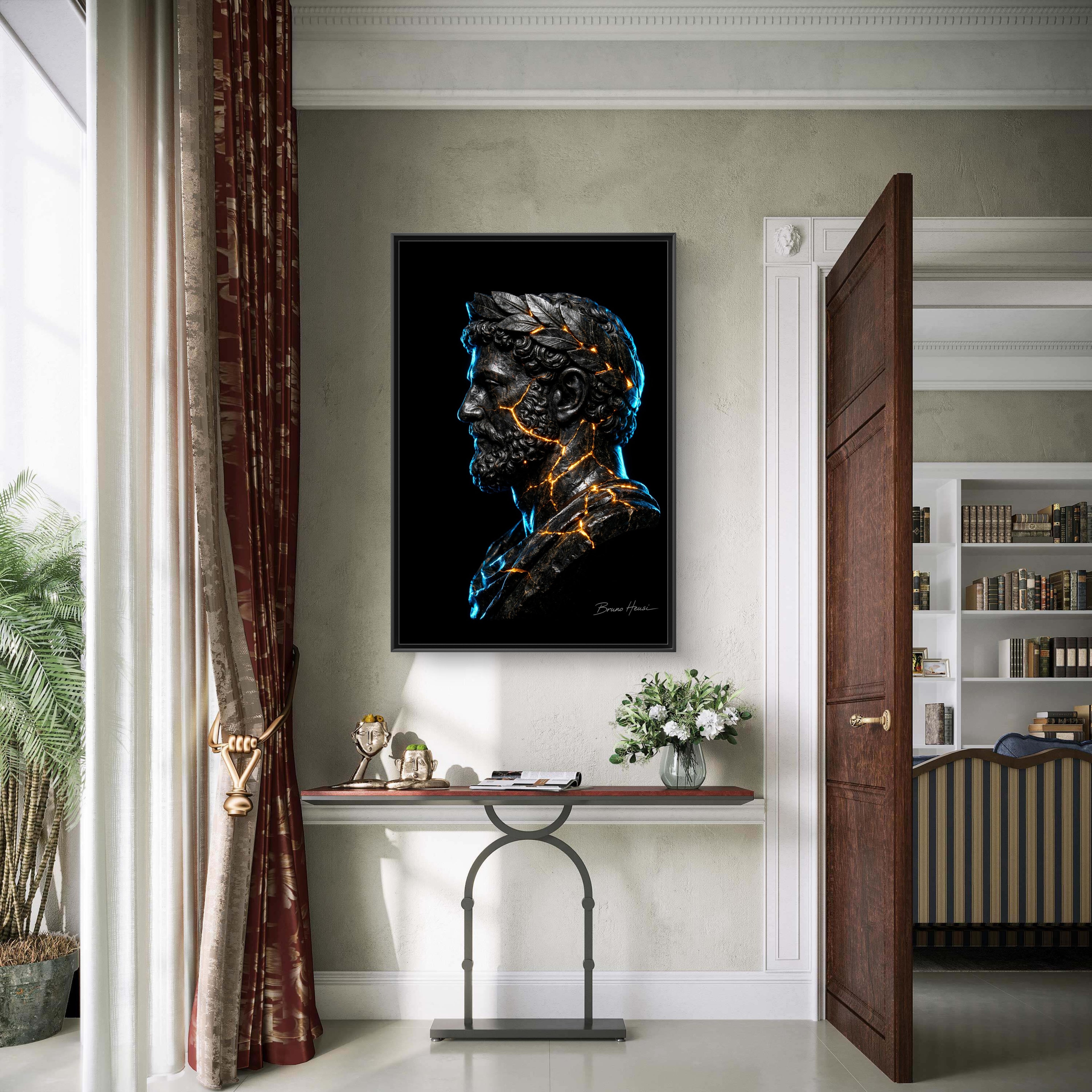 Roman Emperor Neon Bust Framed Canvas Wall Art — Modern Sculpture Print