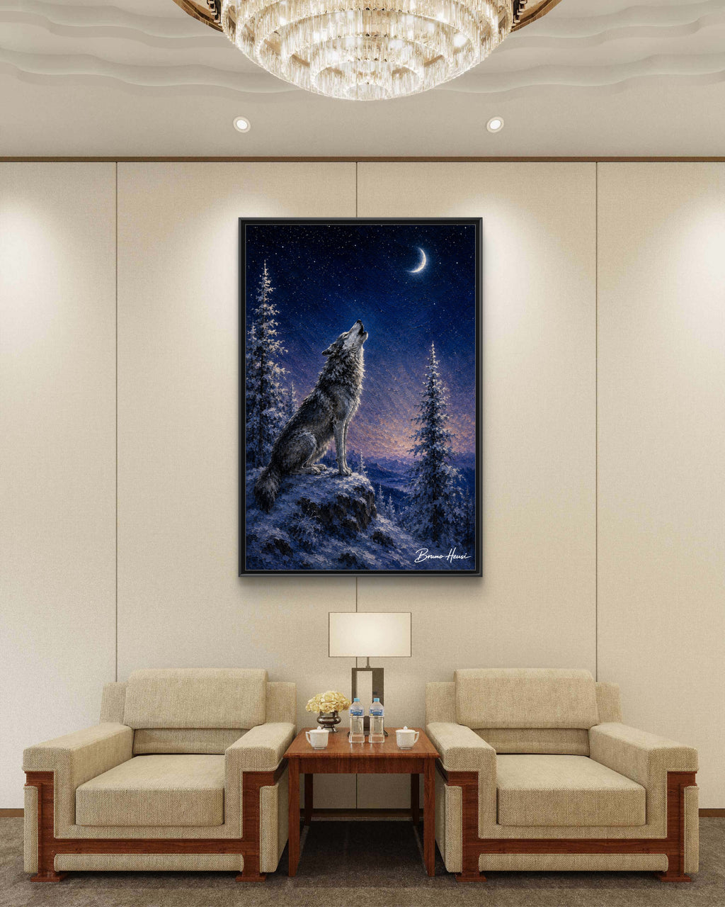 Howling Wolf Moon Framed Canvas Art - Matte Multi-Color Wilderness Print