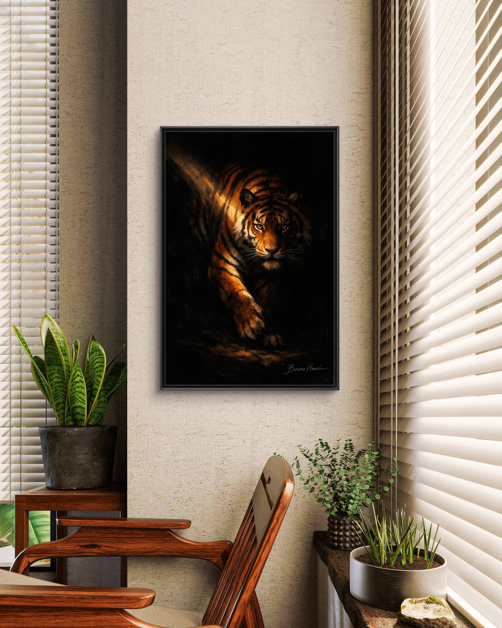 Tiger in the Shadows Matte Framed Canvas Print — Dramatic Wildlife Wall Art