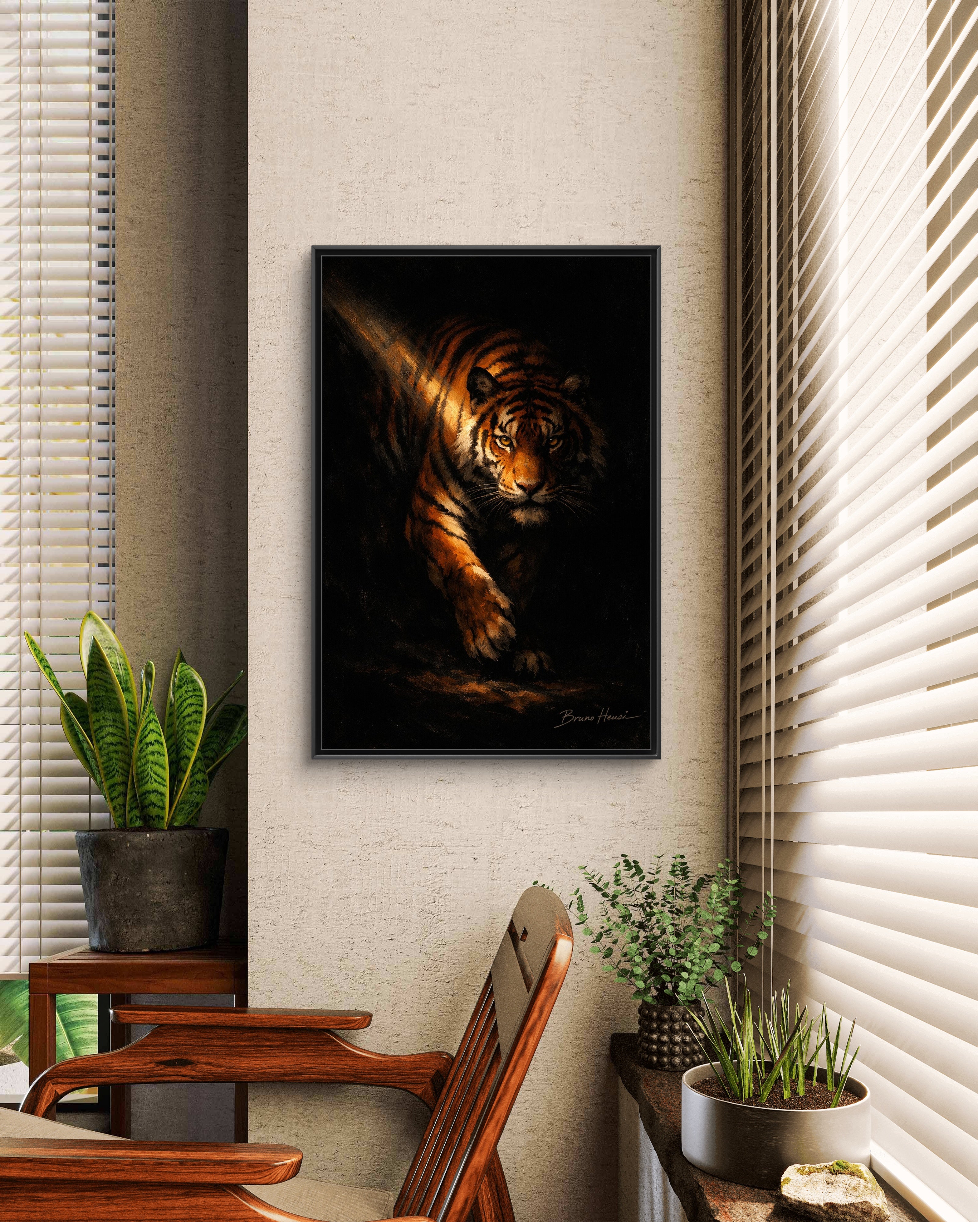 Tiger in the Shadows Matte Framed Canvas Print — Dramatic Wildlife Wall Art