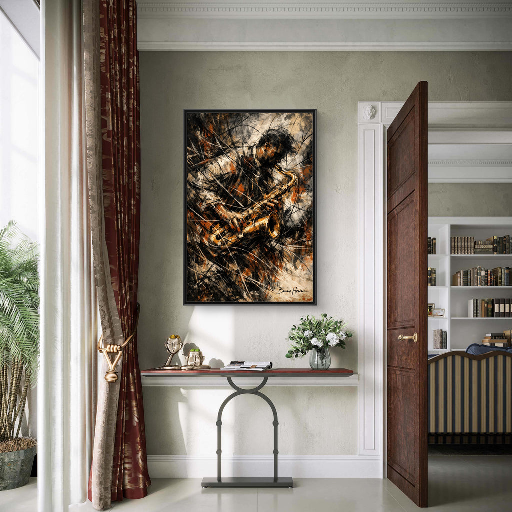 Saxophone Jazz Musician Framed Canvas Wall Art — Abstract Music Print